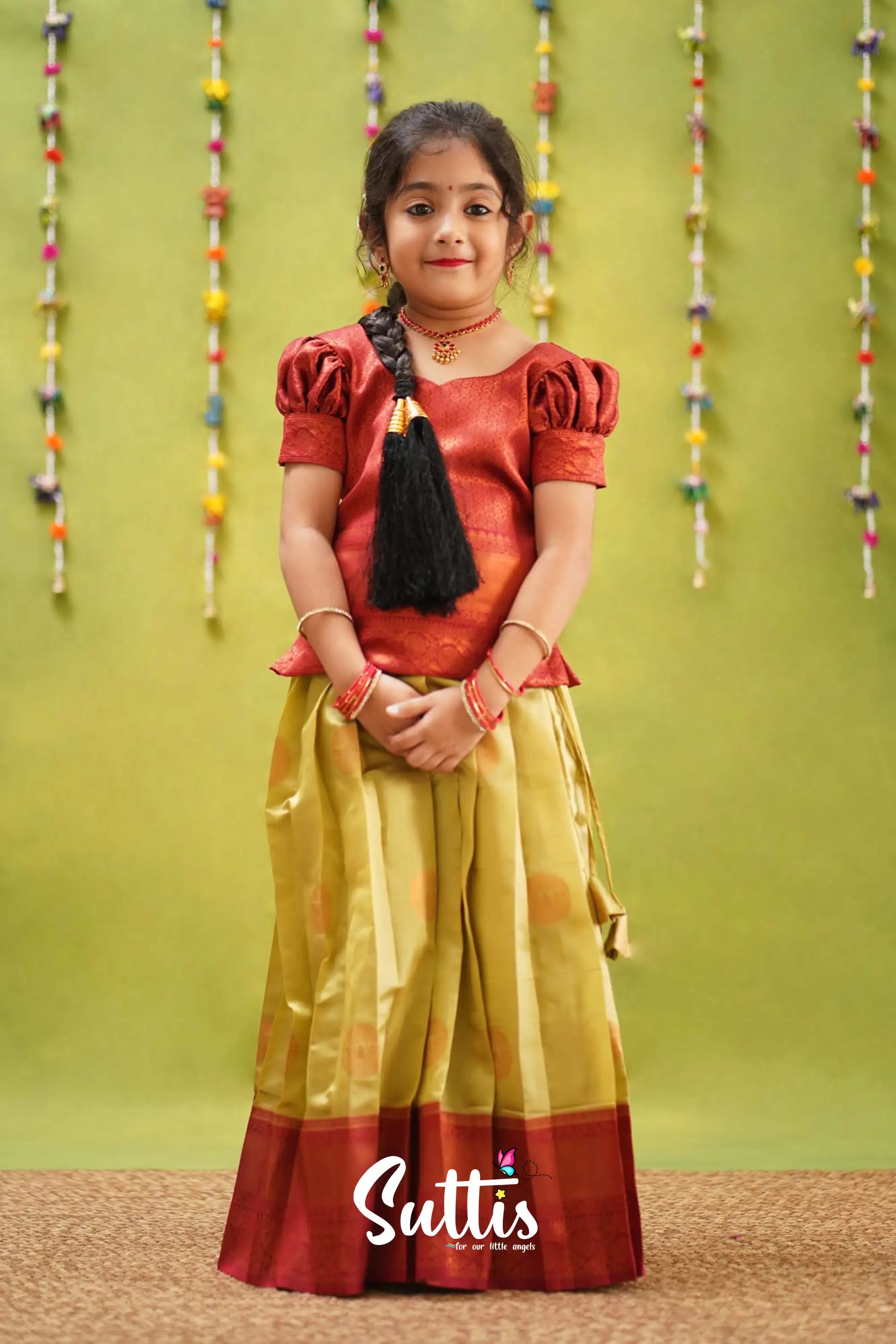 Padmakshi - Pastel Green And Maroon Semi Silk Pavadai Sattai Kids-Suttis