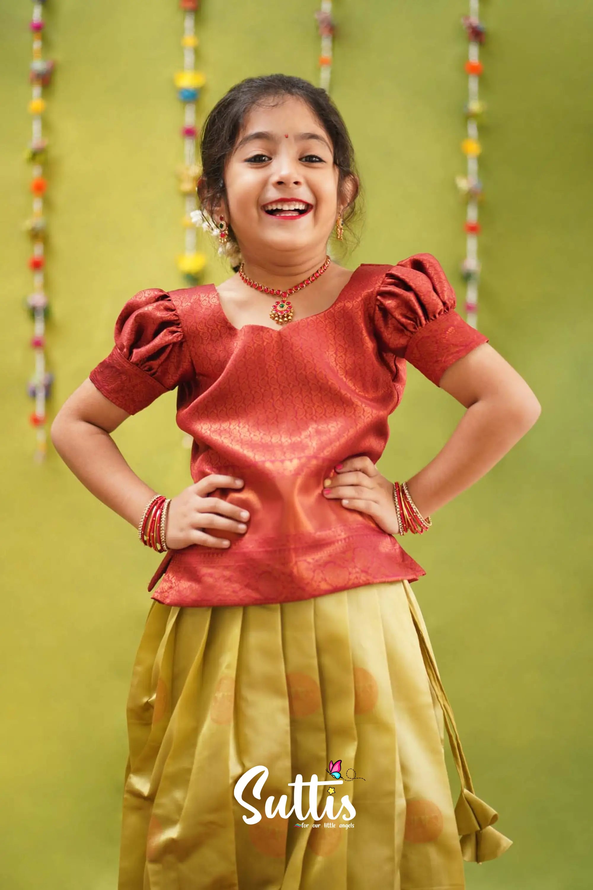 Padmakshi - Pastel Green And Maroon Semi Silk Pavadai Sattai Kids-Suttis