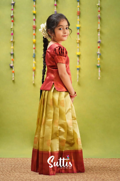 Padmakshi - Pastel Green And Maroon Semi Silk Pavadai Sattai Kids-Suttis