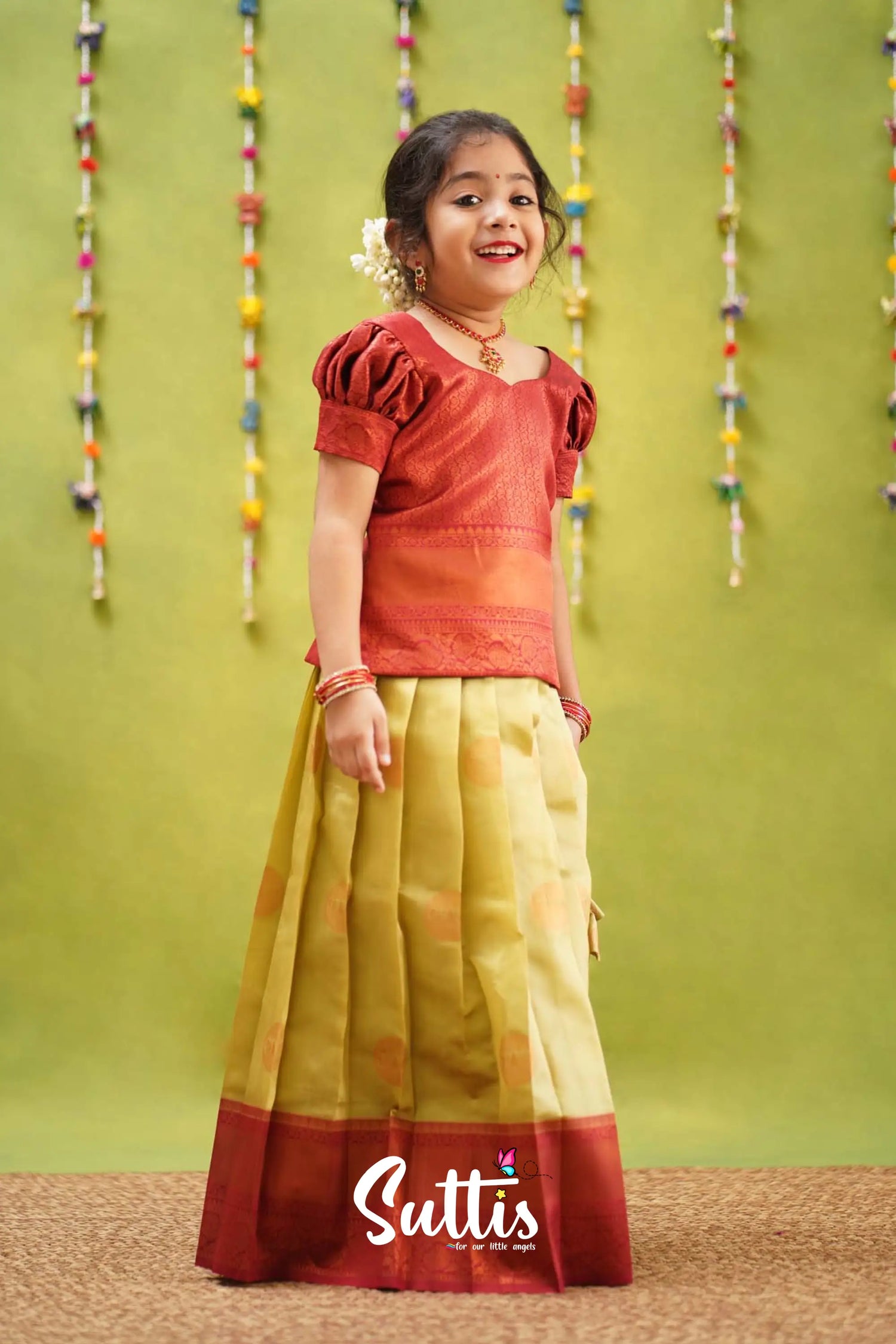 Padmakshi - Pastel Green And Maroon Semi Silk Pavadai Sattai Kids-Suttis