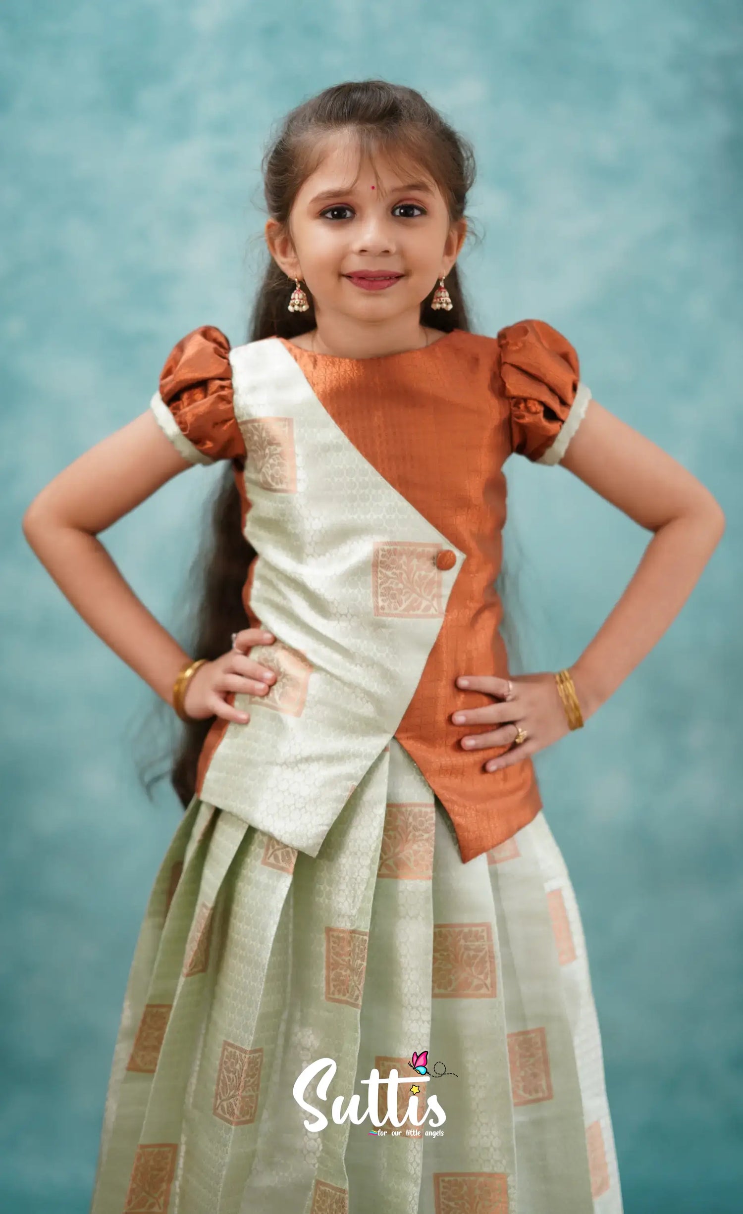 Padmakshi - Pastel Green And Rust Blended Silk Pavadai Sattai Kids-Suttis