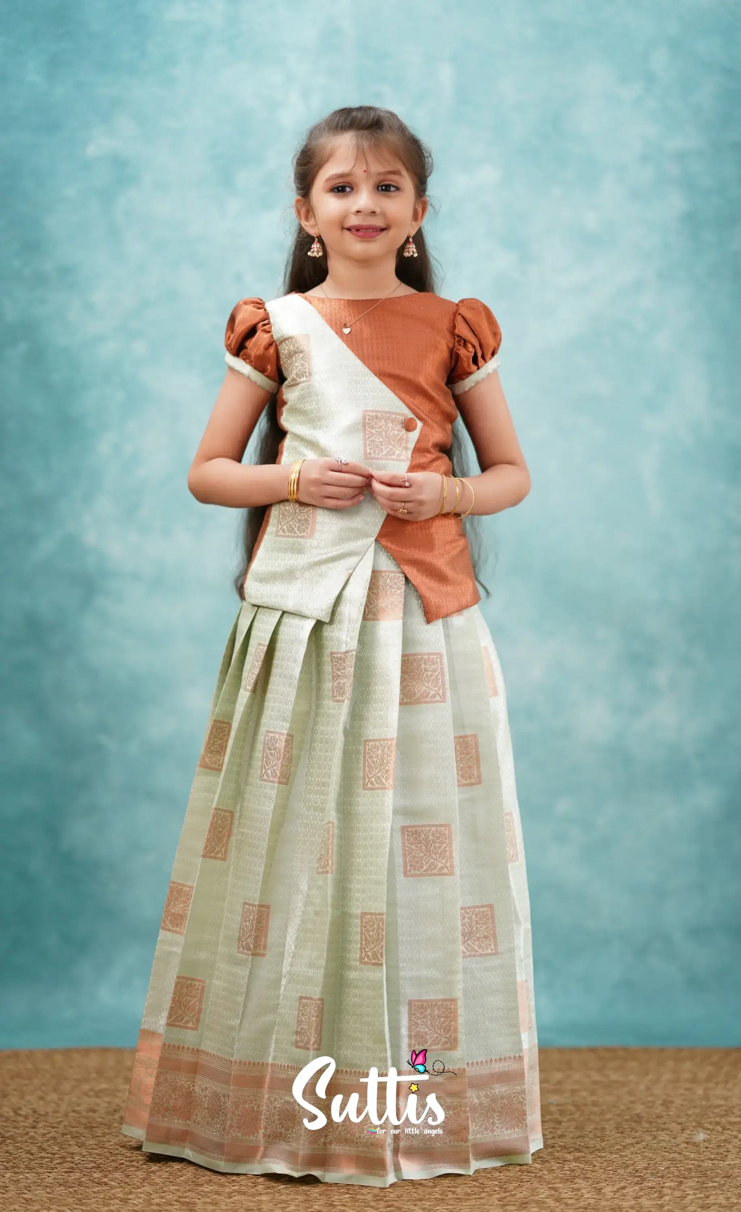 Padmakshi - Pastel Green And Rust Blended Silk Pavadai Sattai Kids-Suttis