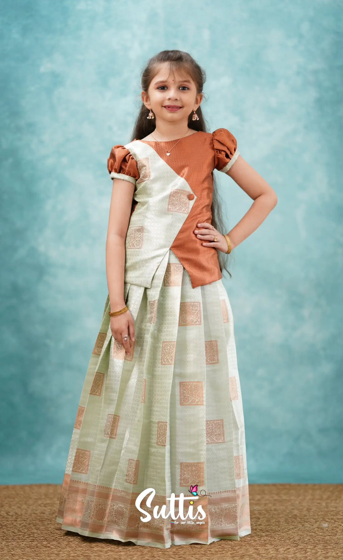 Padmakshi - Pastel Green And Rust Blended Silk Pavadai Sattai Kids-Suttis