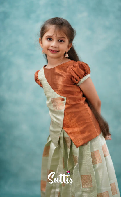 Padmakshi - Pastel Green And Rust Blended Silk Pavadai Sattai Kids-Suttis