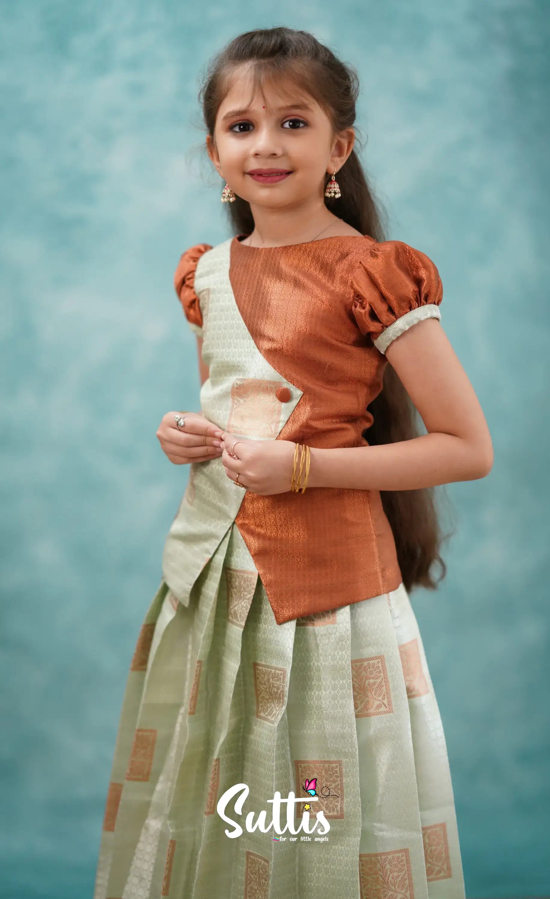 Padmakshi - Pastel Green And Rust Blended Silk Pavadai Sattai Kids-Suttis