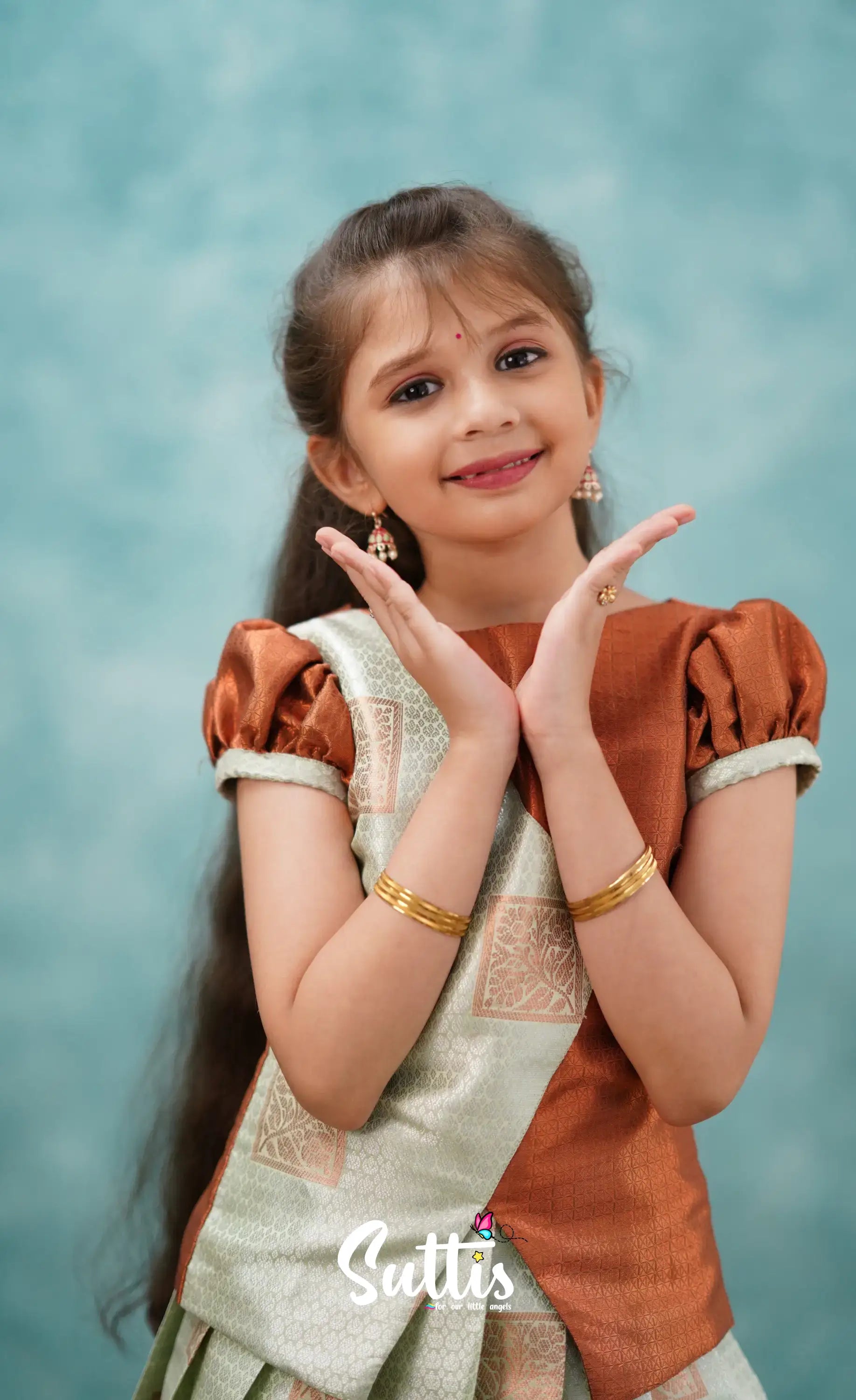 Padmakshi - Pastel Green And Rust Blended Silk Pavadai Sattai Kids-Suttis