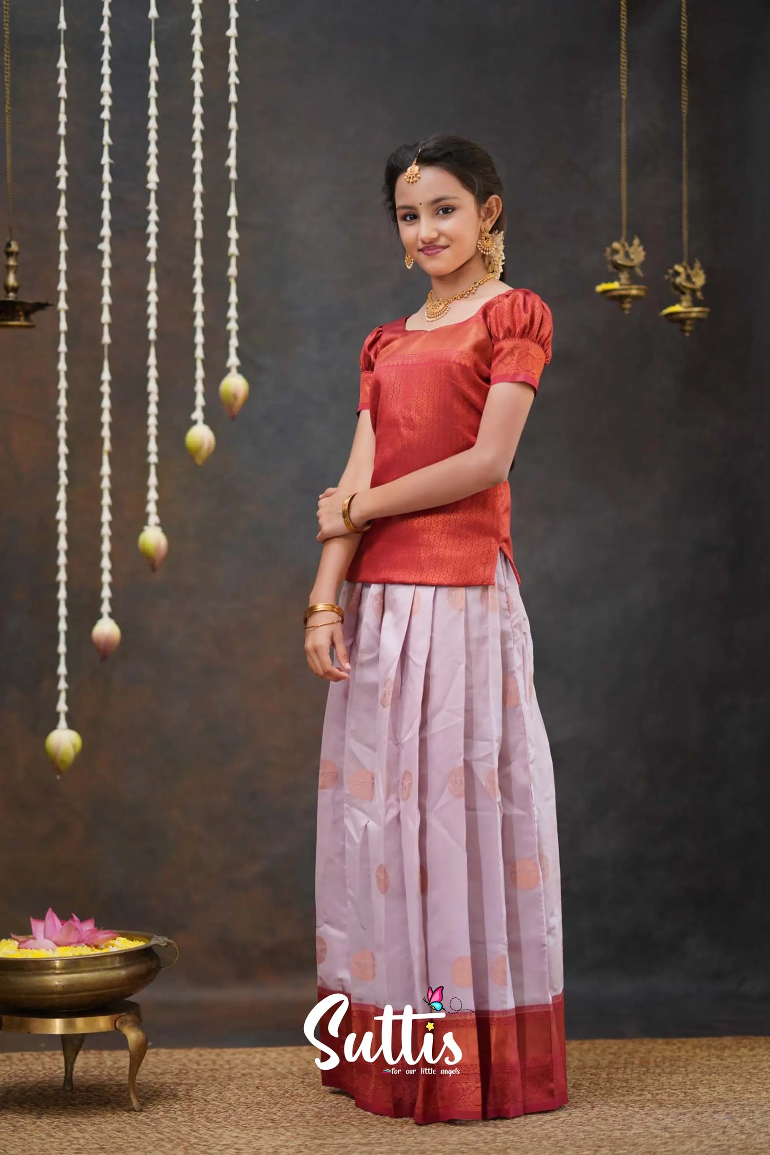 Padmakshi - Pastel Pink And Maroon Semi Silk Pavadai Top Kids-Suttis