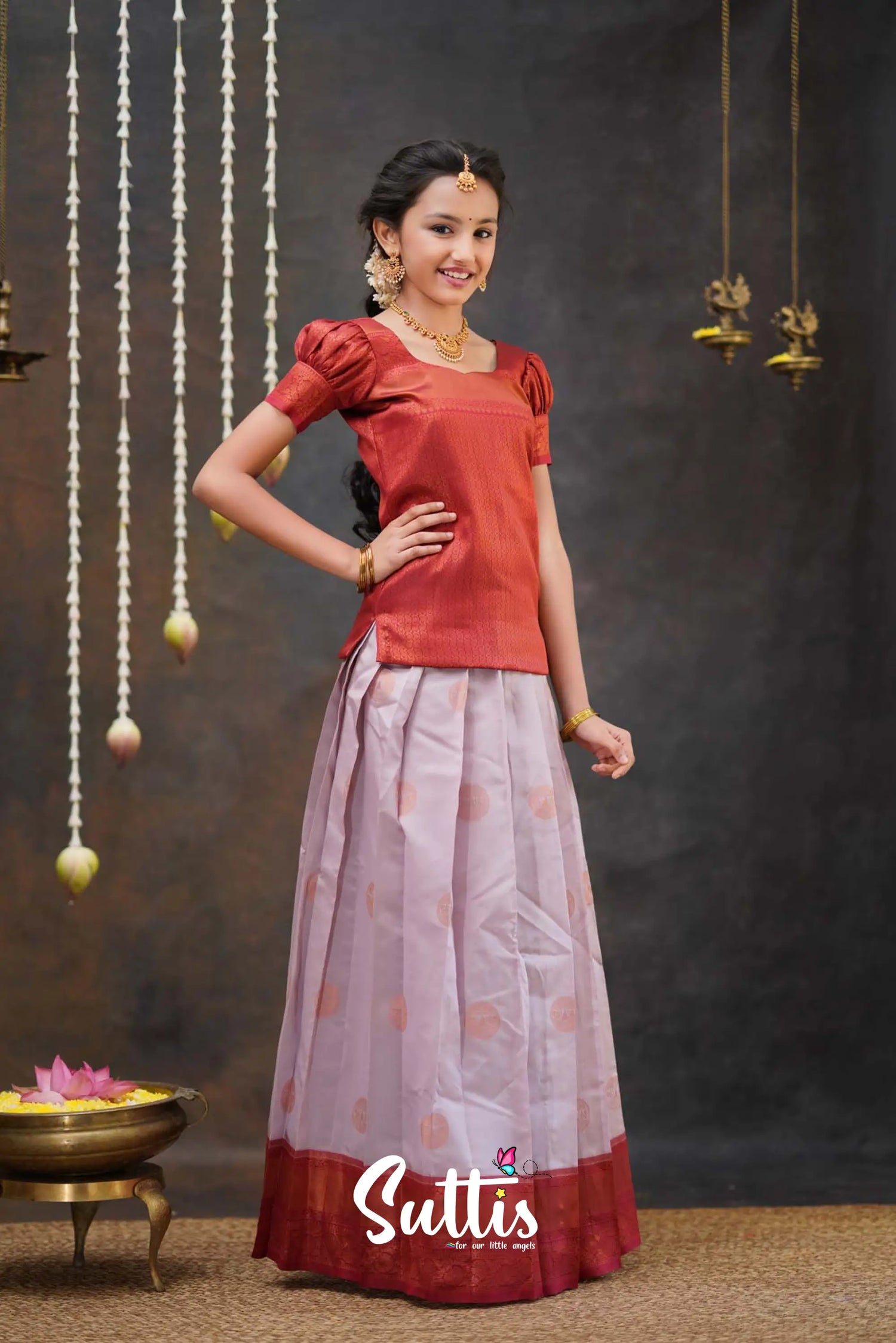 Padmakshi - Pastel Pink And Maroon Semi Silk Pavadai Top Kids-Suttis