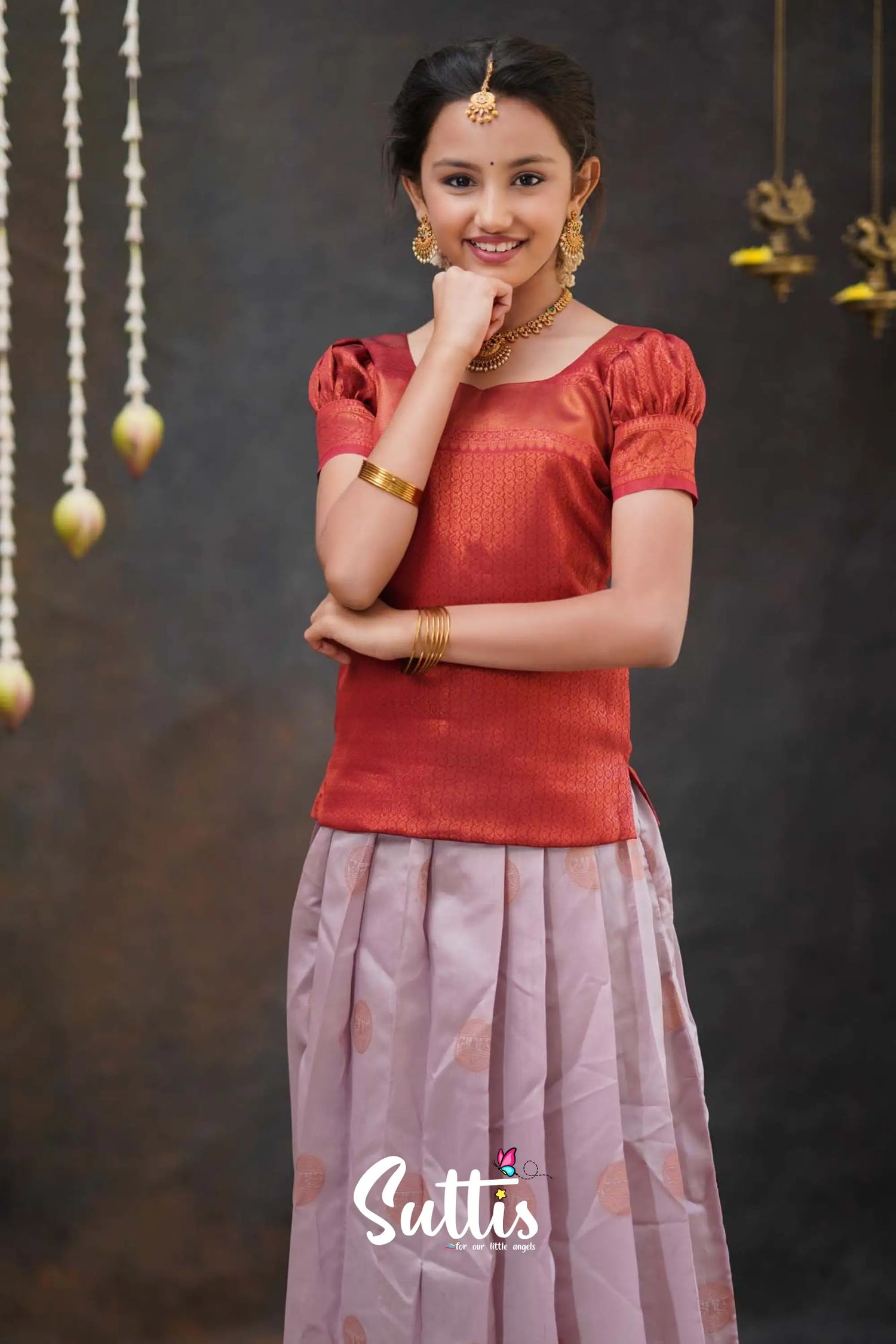 Padmakshi - Pastel Pink And Maroon Semi Silk Pavadai Top Kids-Suttis