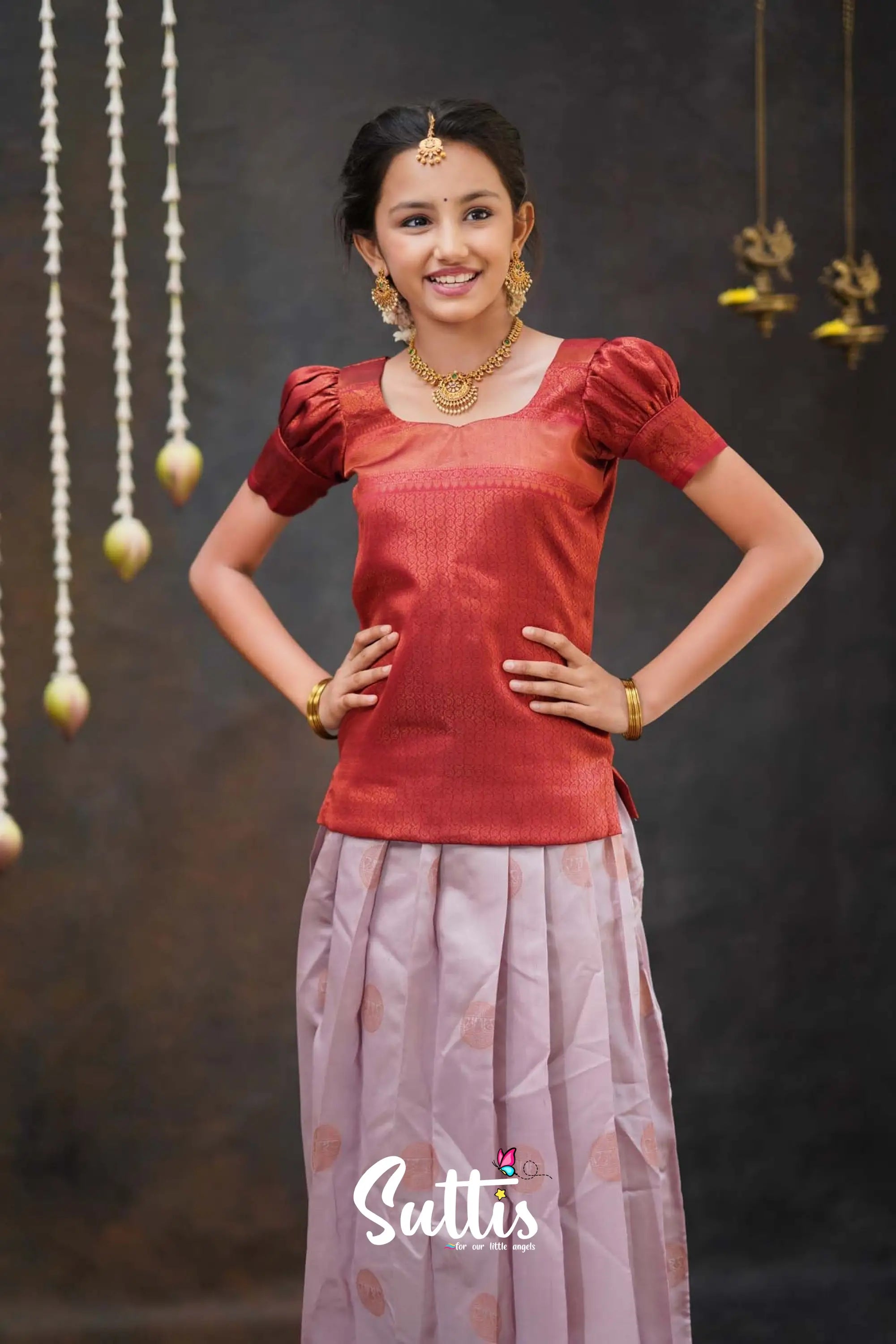 Padmakshi - Pastel Pink And Maroon Semi Silk Pavadai Top Kids-Suttis