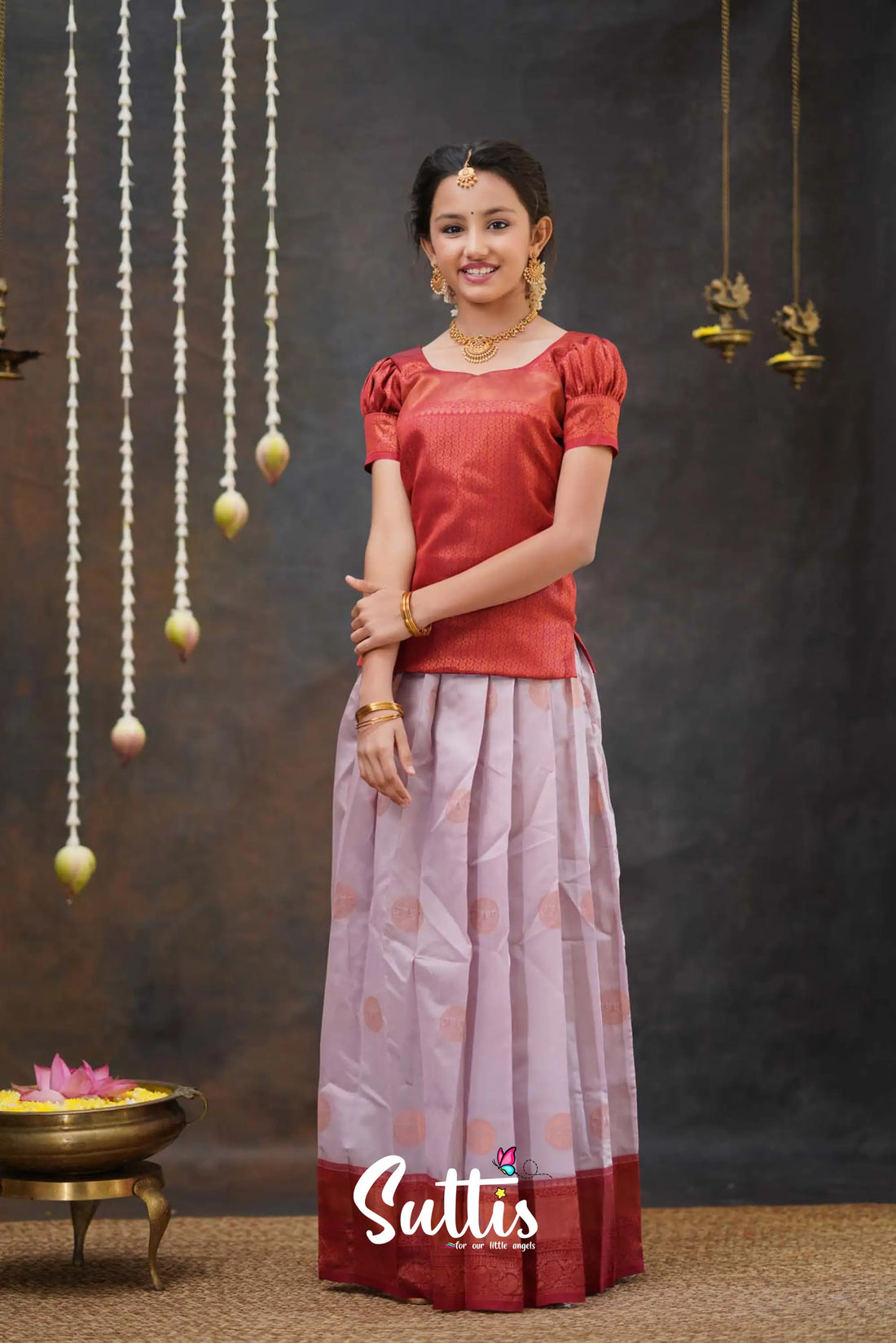 Padmakshi - Pastel Pink And Maroon Semi Silk Pavadai Top Kids-Suttis