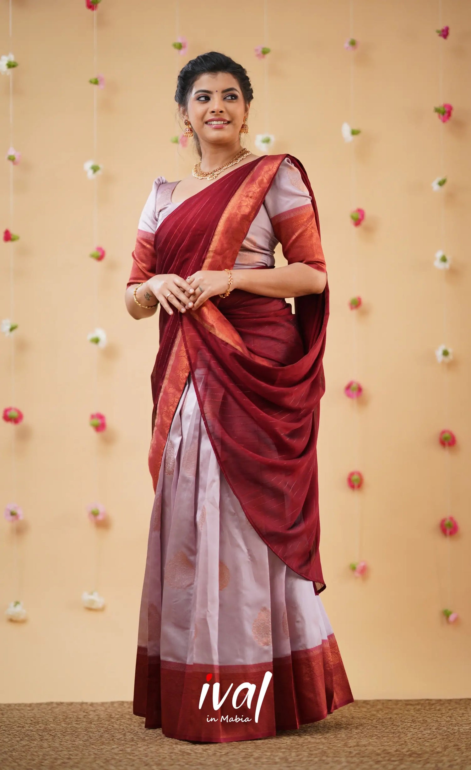 Padmakshi Pastel Pink and Reddish Maroon Blended Silk Halfsaree - Half Sarees