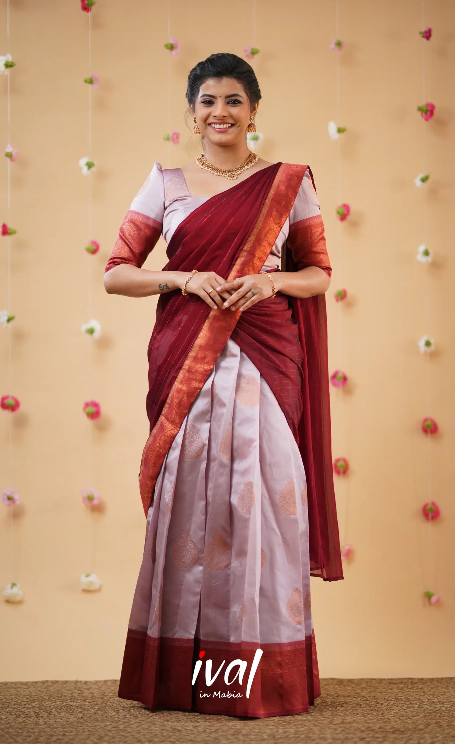 Padmakshi Pastel Pink and Reddish Maroon Blended Silk Halfsaree - Half Sarees