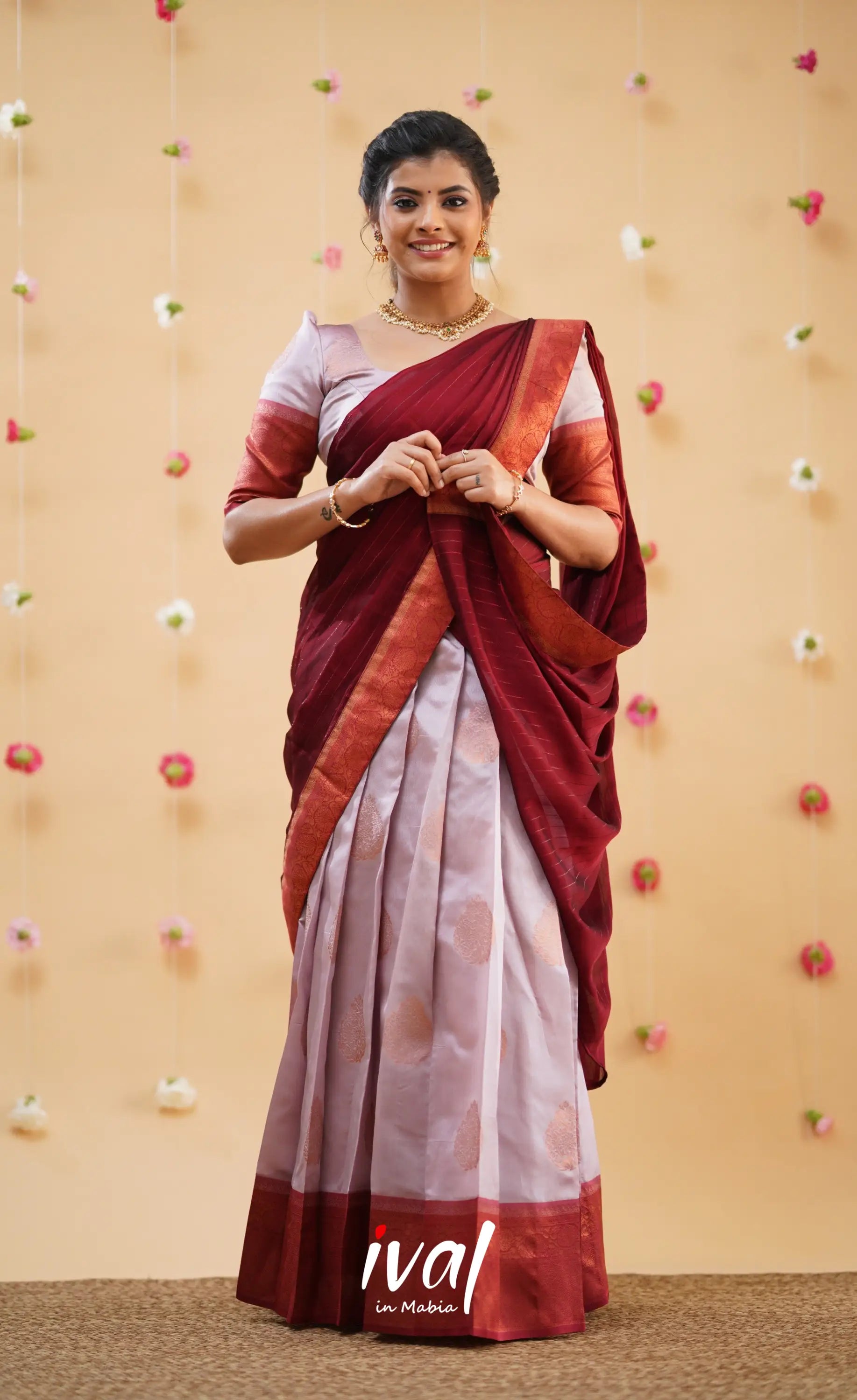 Padmakshi Pastel Pink and Reddish Maroon Blended Silk Halfsaree - Half Sarees