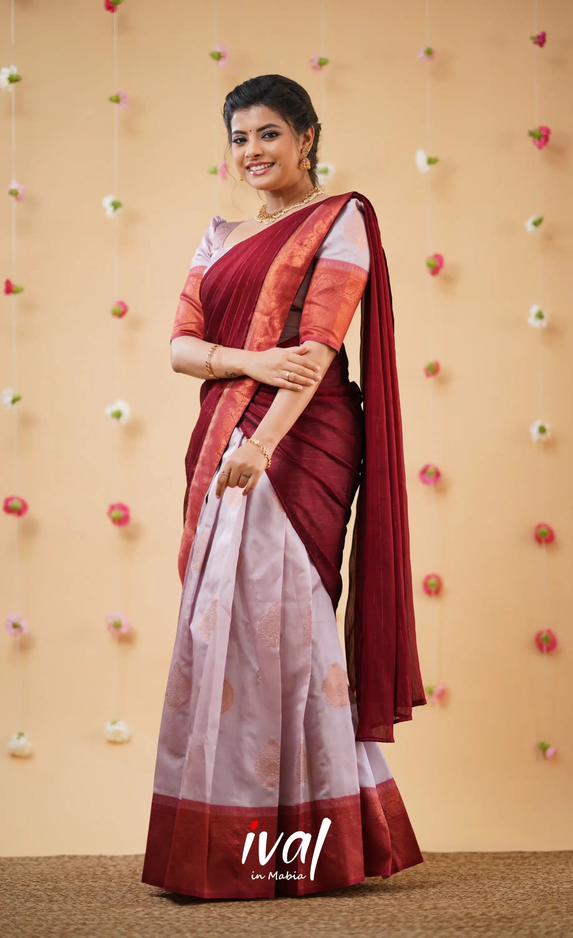 Padmakshi Pastel Pink and Reddish Maroon Blended Silk Halfsaree - Half Sarees