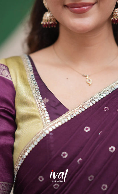 Padmakshi Pastel Yellow and Dark Purplish Wine Blended Silk Halfsaree Half Sarees