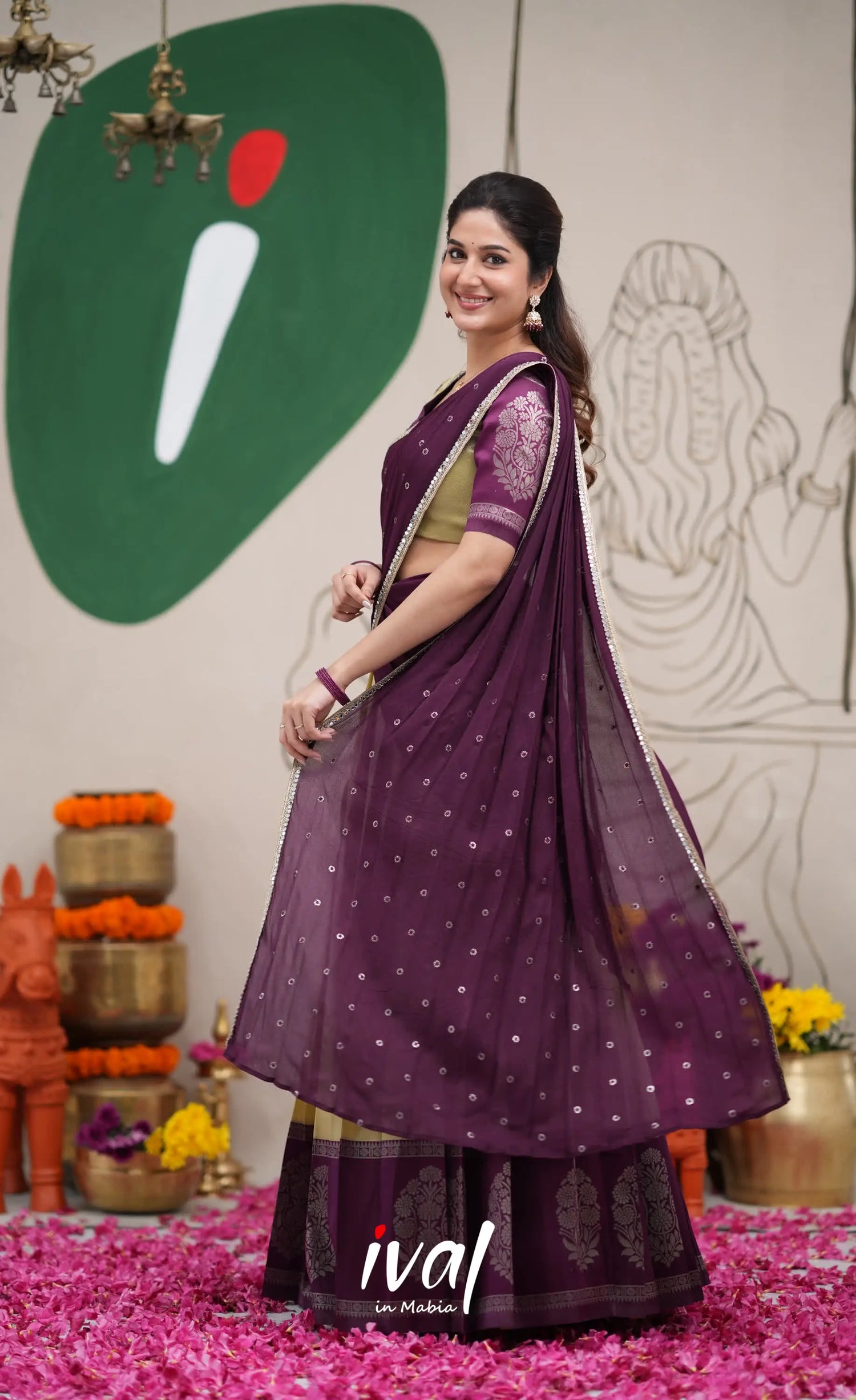 Padmakshi Pastel Yellow and Dark Purplish Wine Blended Silk Halfsaree Half Sarees