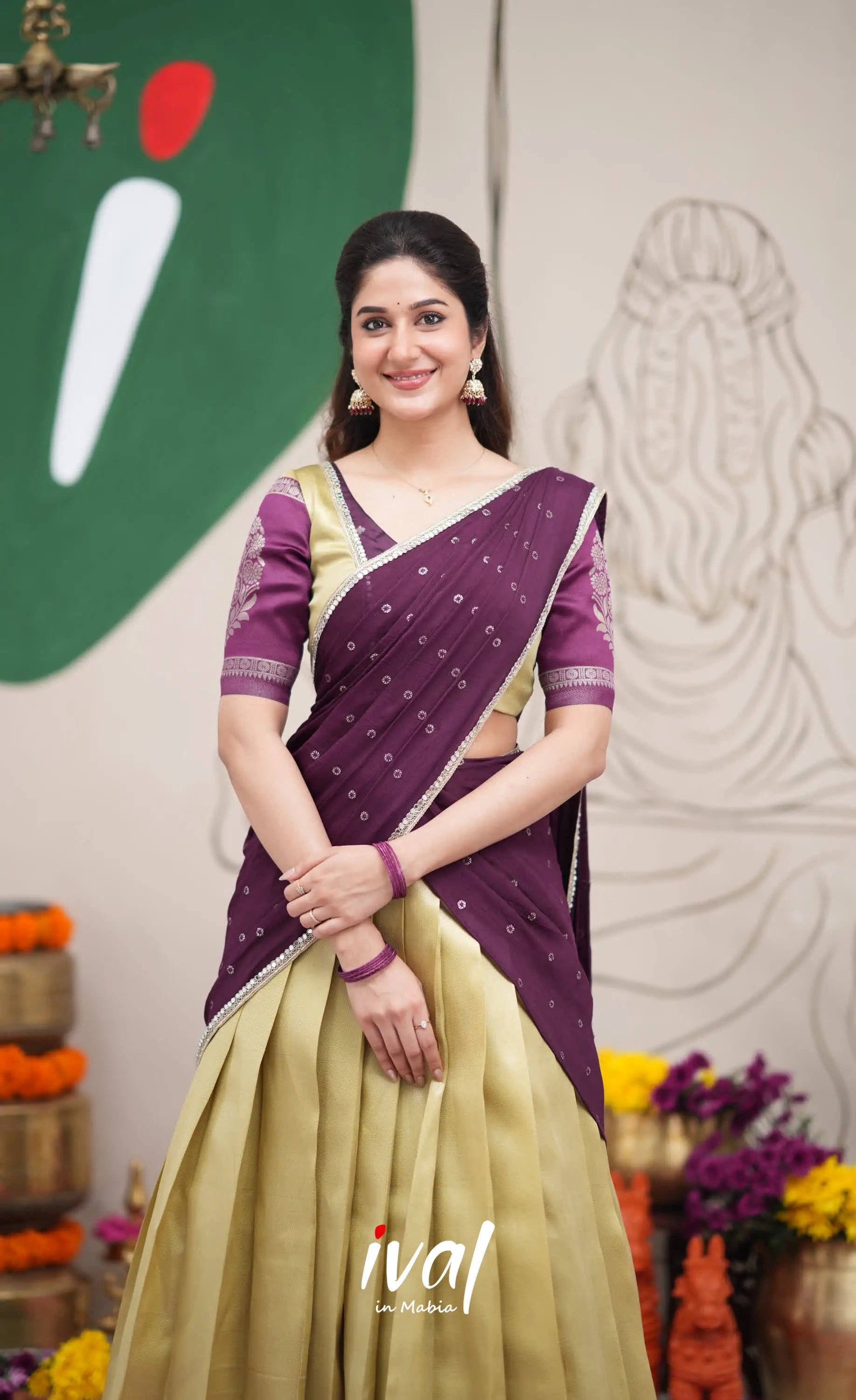 Padmakshi Pastel Yellow and Dark Purplish Wine Blended Silk Halfsaree Half Sarees