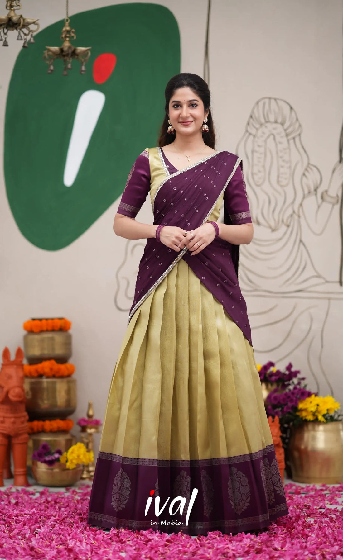 Padmakshi Pastel Yellow and Dark Purplish Wine Blended Silk Halfsaree Half Sarees