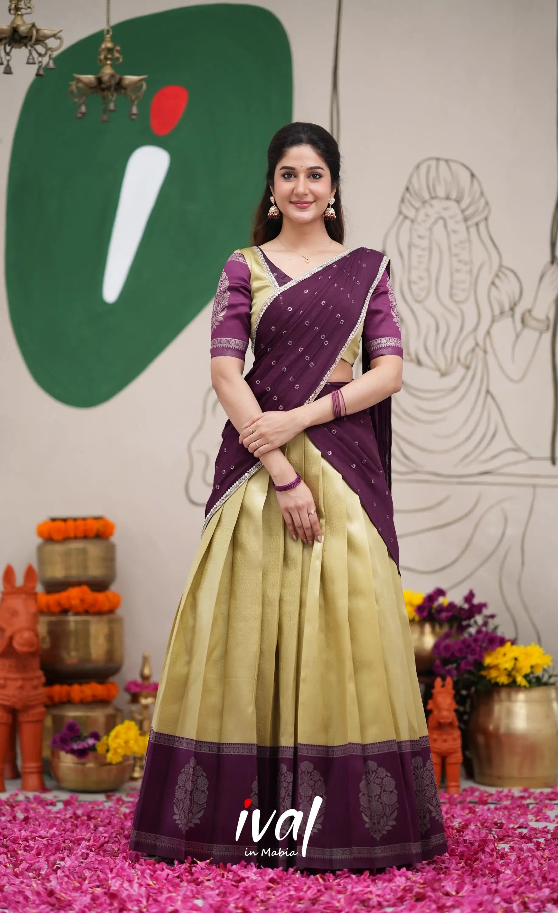 Padmakshi Pastel Yellow and Dark Purplish Wine Blended Silk Halfsaree Half Sarees