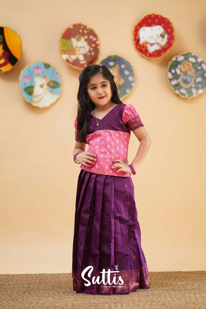 Padmakshi - Pink And Purple Semi Silk Pavadai Sattai Kids-Suttis