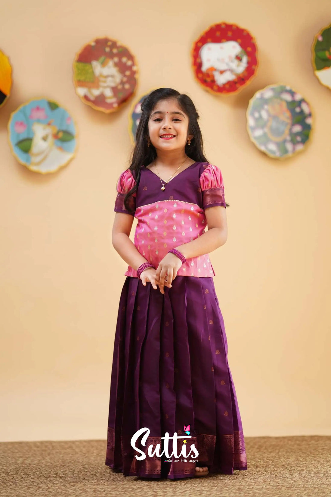 Padmakshi - Pink And Purple Semi Silk Pavadai Sattai Kids-Suttis