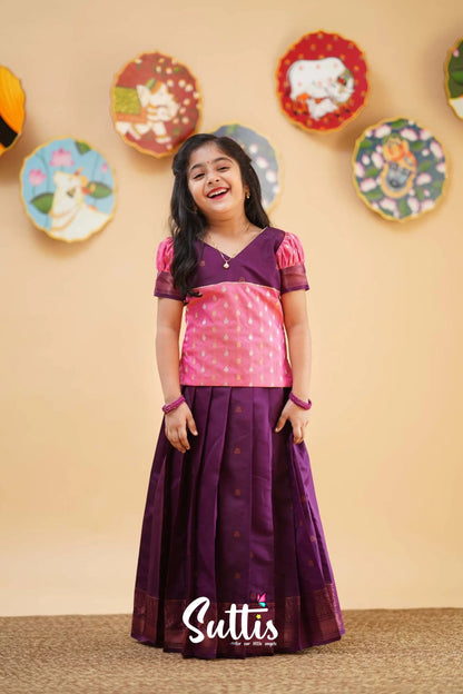 Padmakshi - Pink And Purple Semi Silk Pavadai Sattai Kids-Suttis