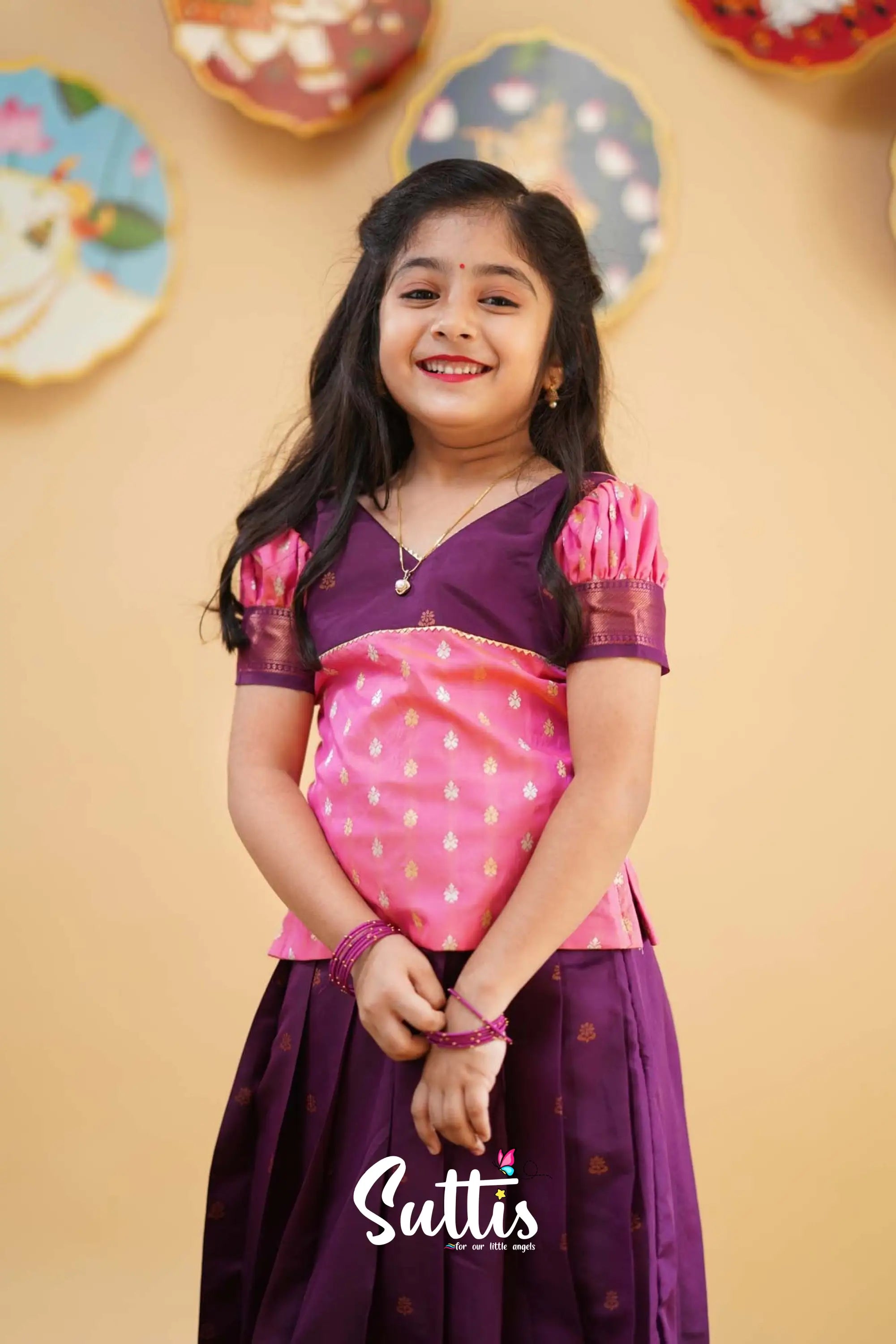 Padmakshi - Pink And Purple Semi Silk Pavadai Sattai Kids-Suttis