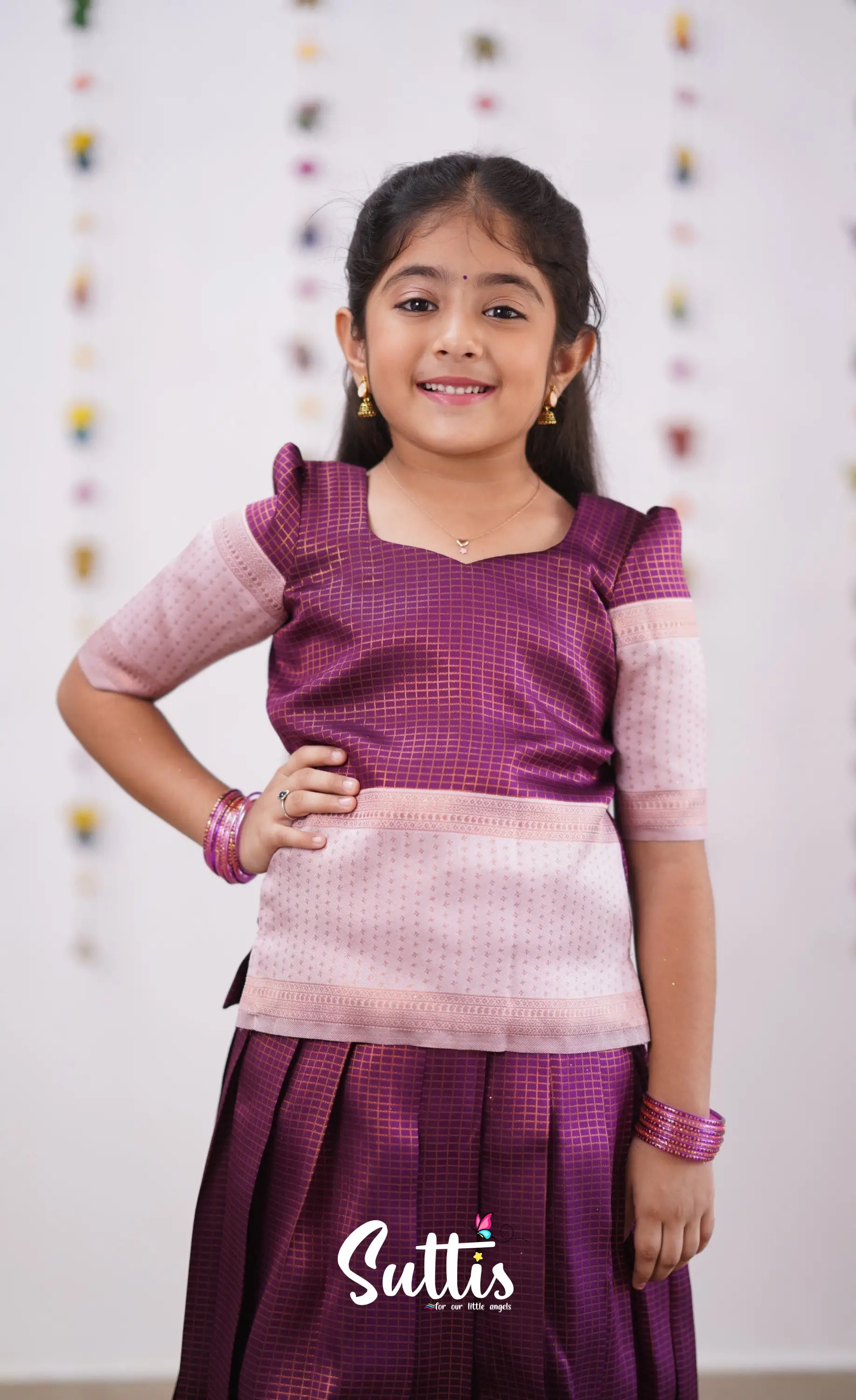 Padmakshi - Plum Shade And Light Pink Tone Blended Silk Pavadai Sattai Kids-Suttis