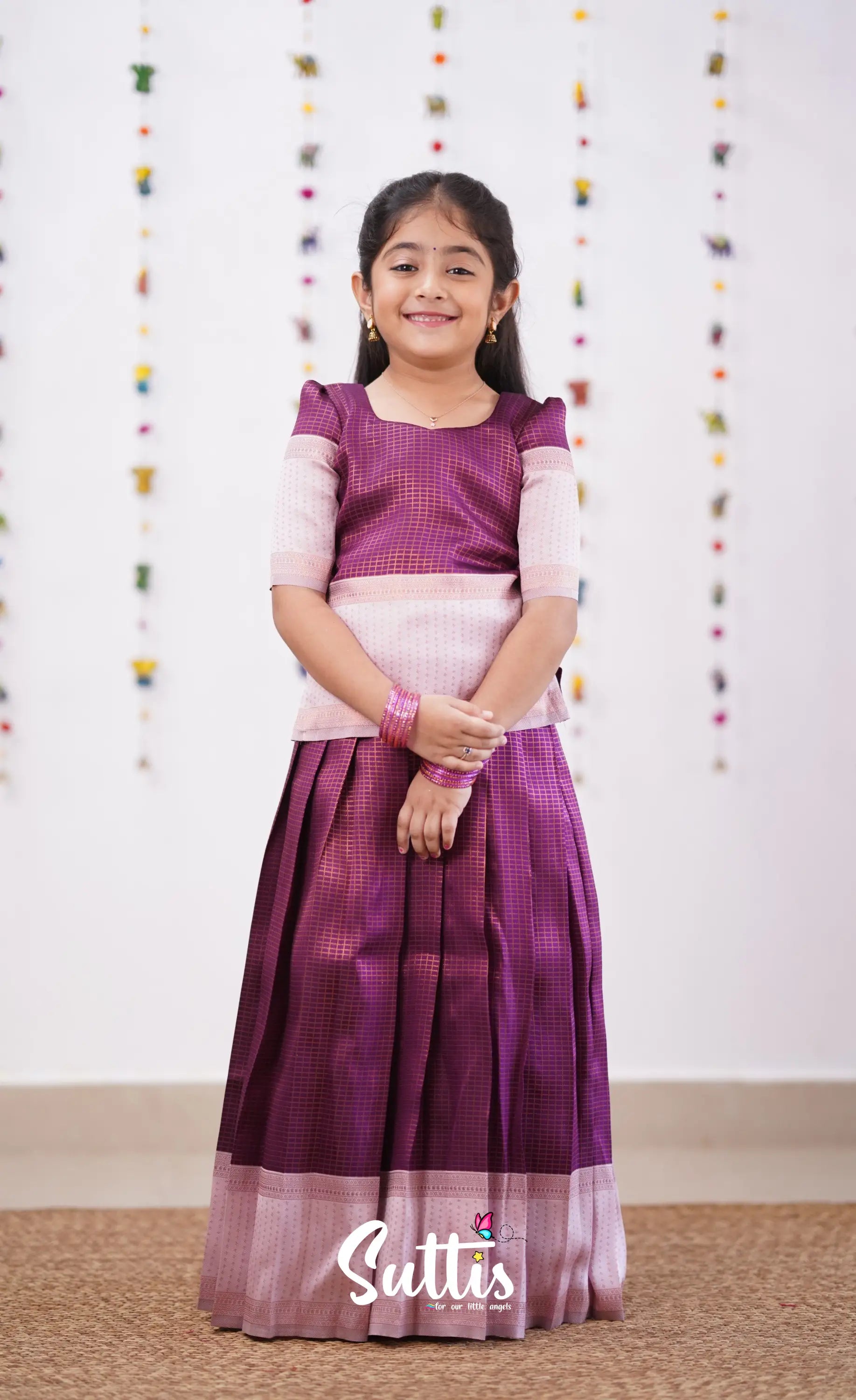 Padmakshi - Plum Shade And Light Pink Tone Blended Silk Pavadai Sattai Kids-Suttis