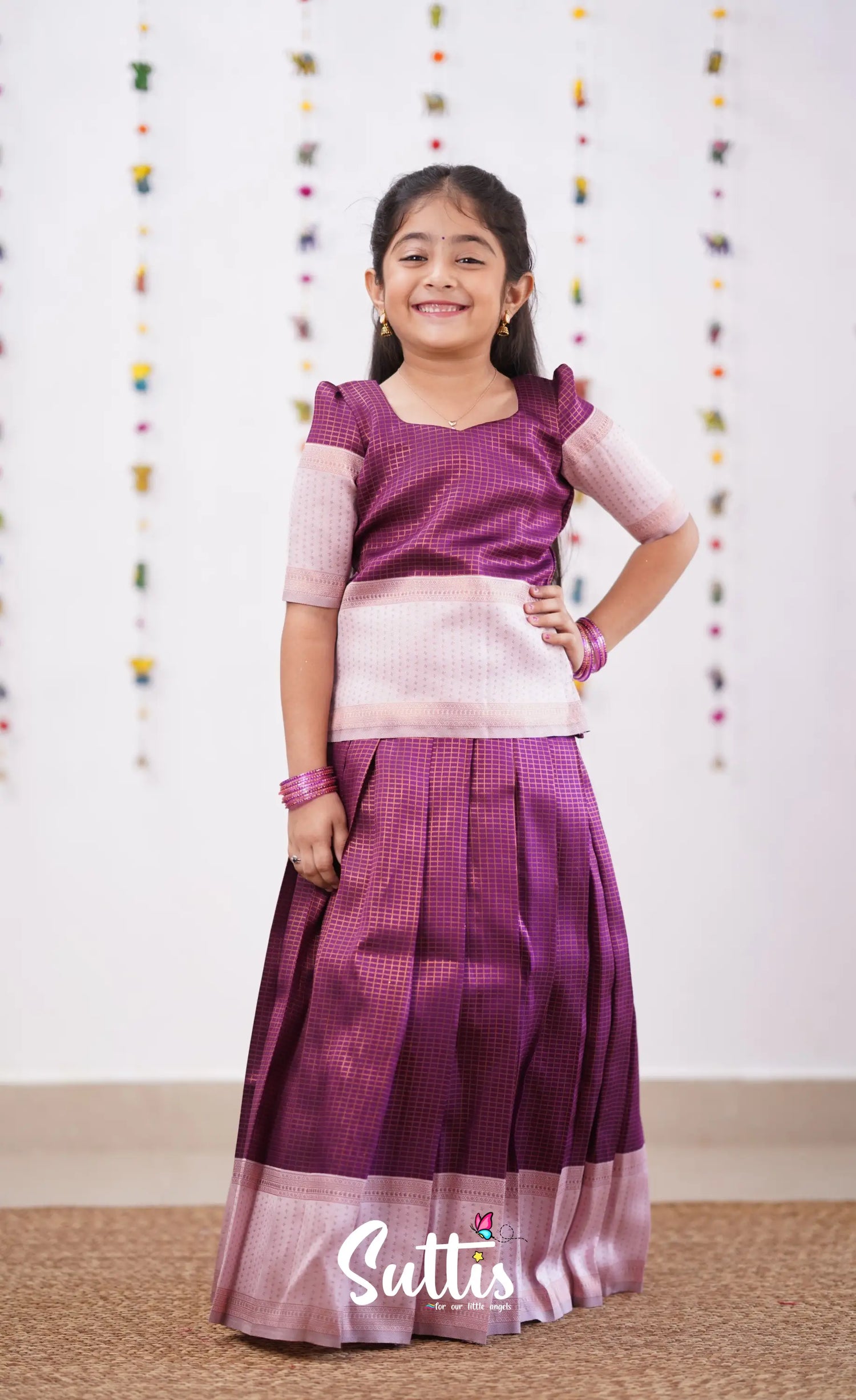 Padmakshi - Plum Shade And Light Pink Tone Blended Silk Pavadai Sattai Kids-Suttis