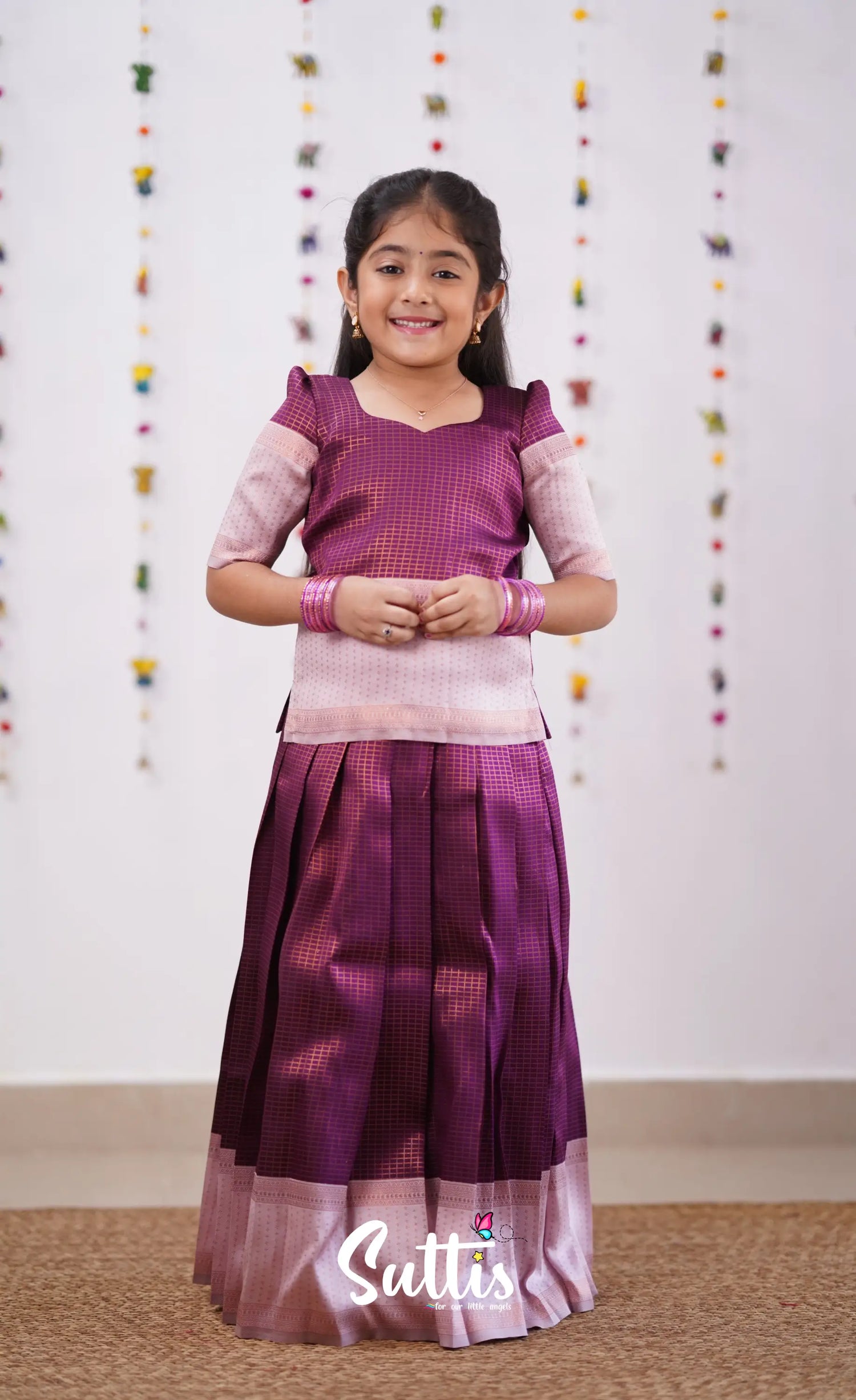 Padmakshi - Plum Shade And Light Pink Tone Blended Silk Pavadai Sattai Kids-Suttis