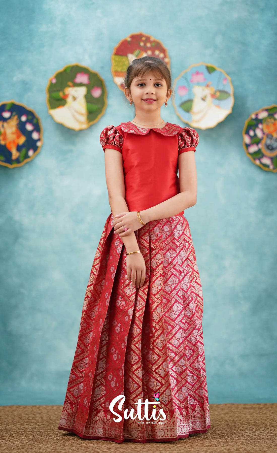 Padmakshi - Red Blended Silk Top And Skirt Kids-Suttis