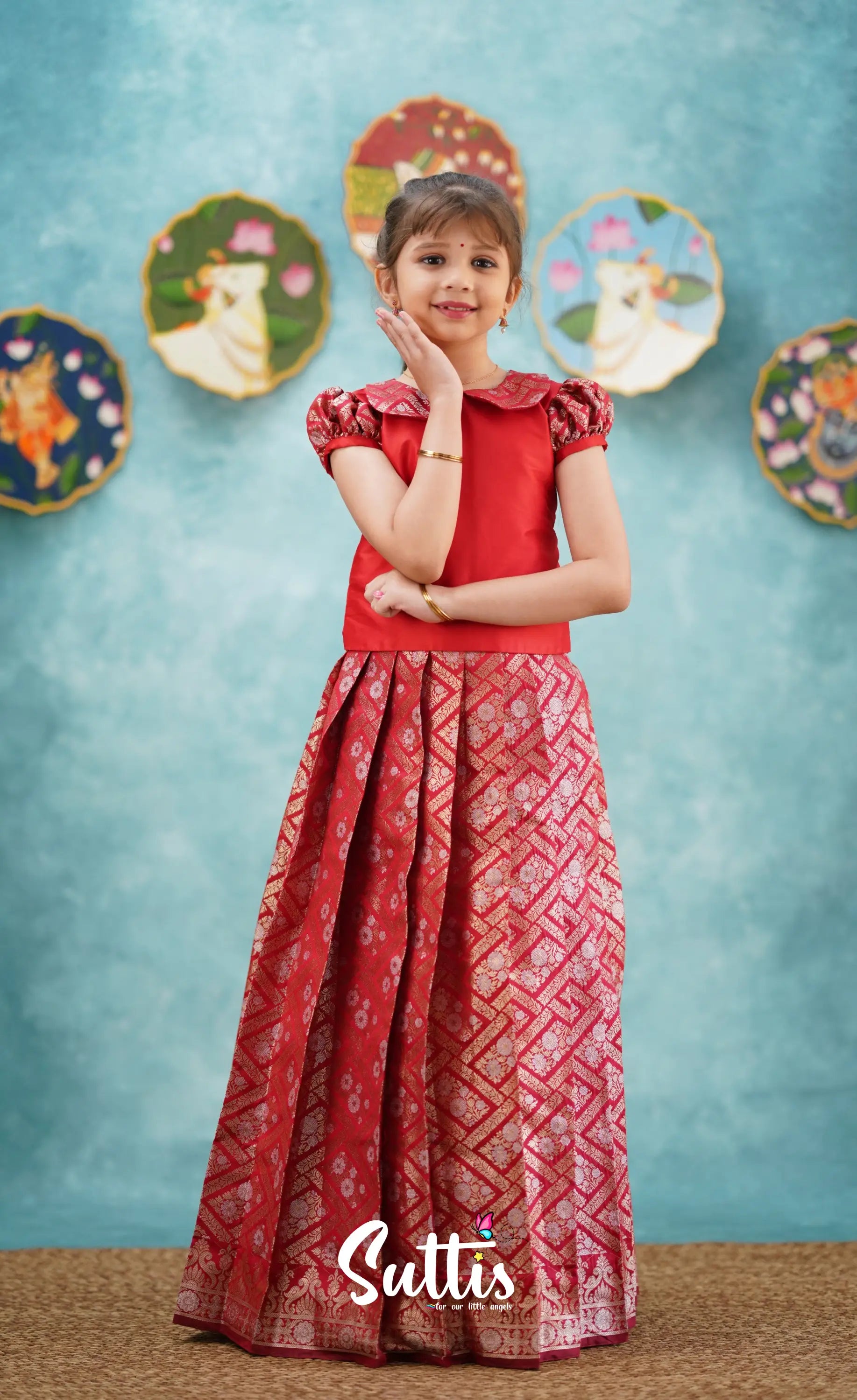 Padmakshi - Red Blended Silk Top And Skirt Kids-Suttis