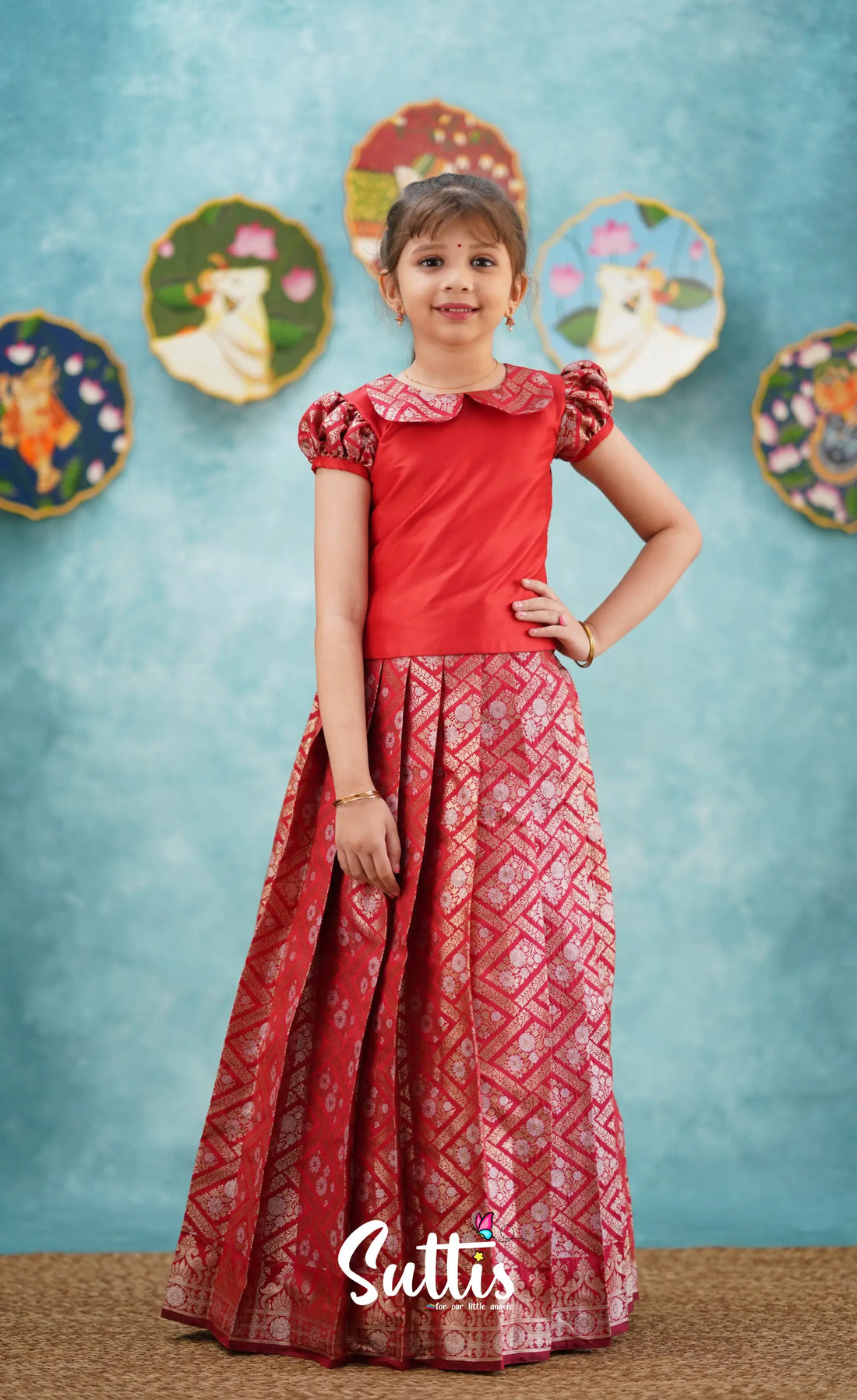 Padmakshi - Red Blended Silk Top And Skirt Kids-Suttis