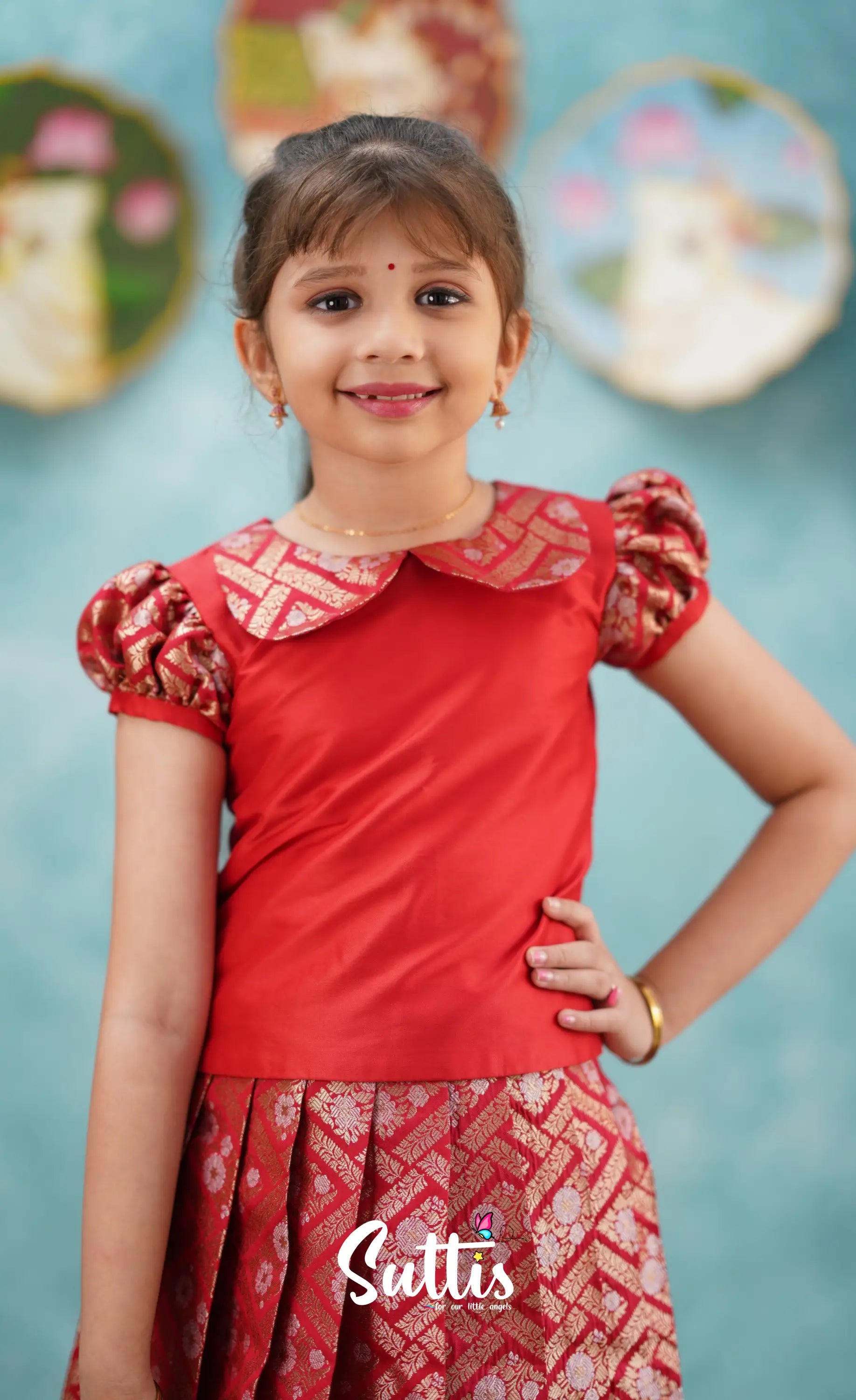 Padmakshi - Red Blended Silk Top And Skirt Kids-Suttis