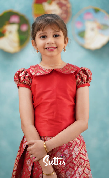 Padmakshi - Red Blended Silk Top And Skirt Kids-Suttis