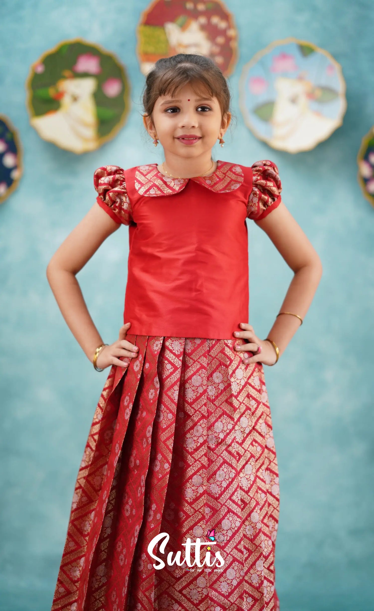 Padmakshi - Red Blended Silk Top And Skirt Kids-Suttis