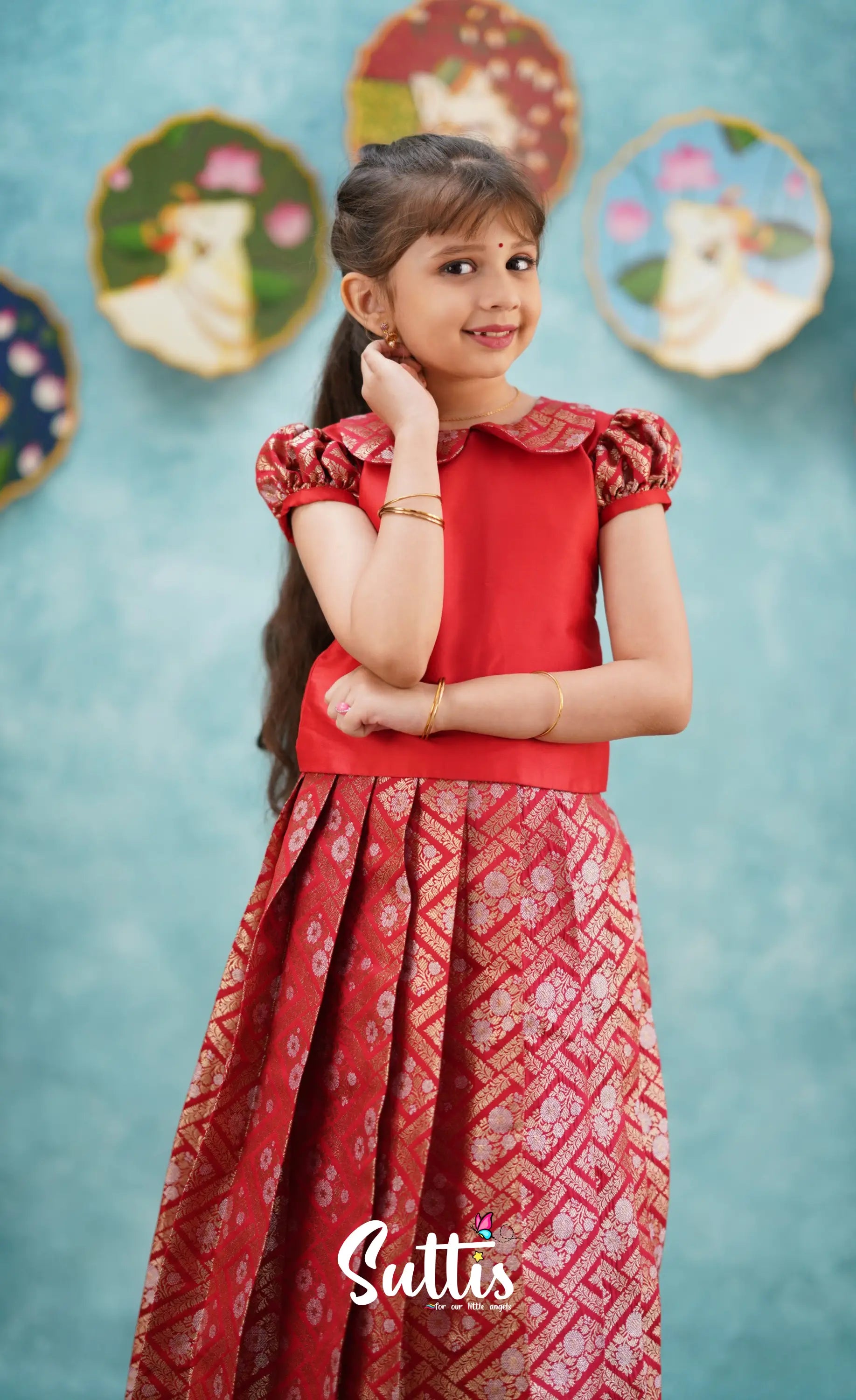 Padmakshi - Red Blended Silk Top And Skirt Kids-Suttis