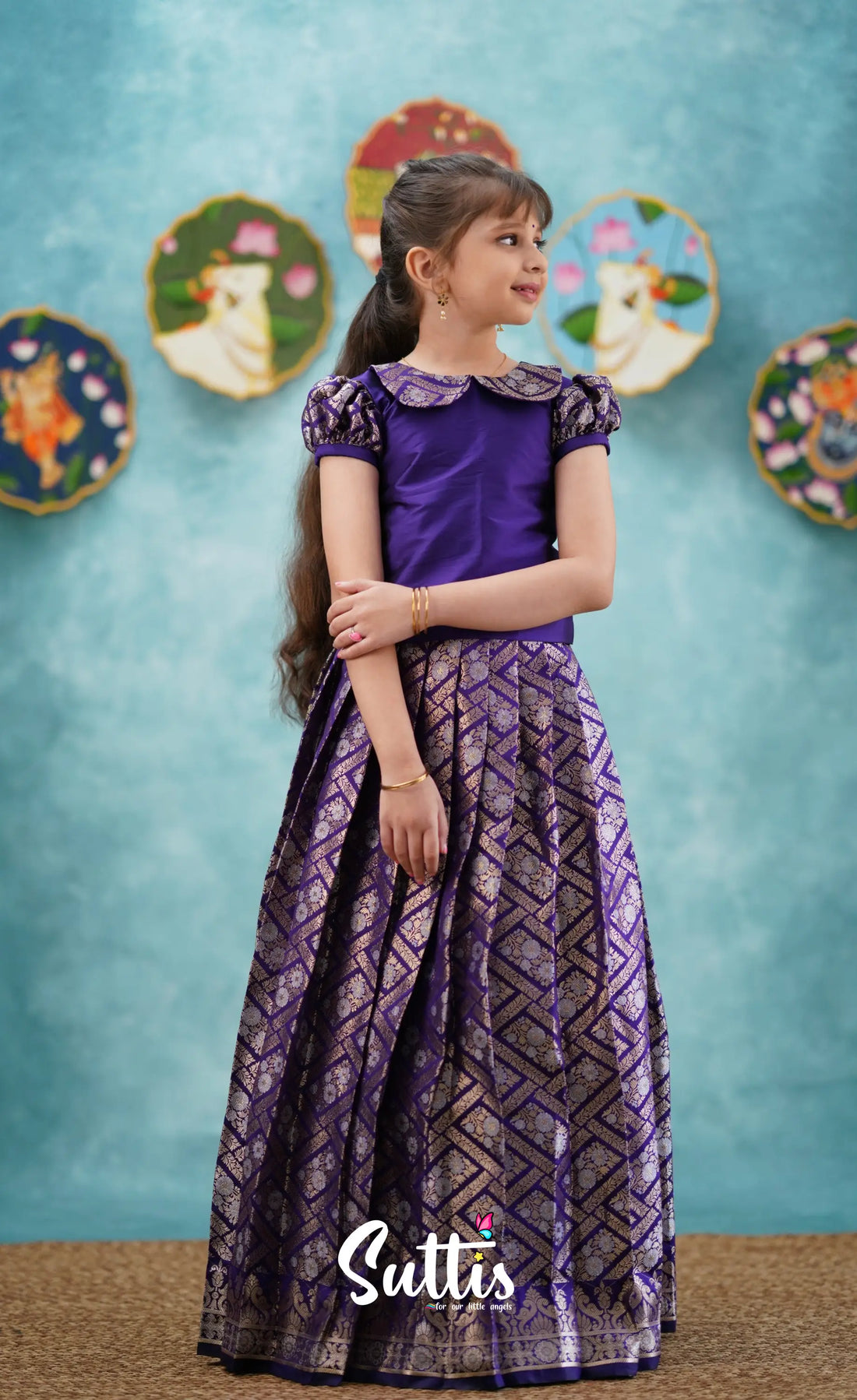 Padmakshi - Royal Blue Blended Silk Top And Skirt Kids-Suttis