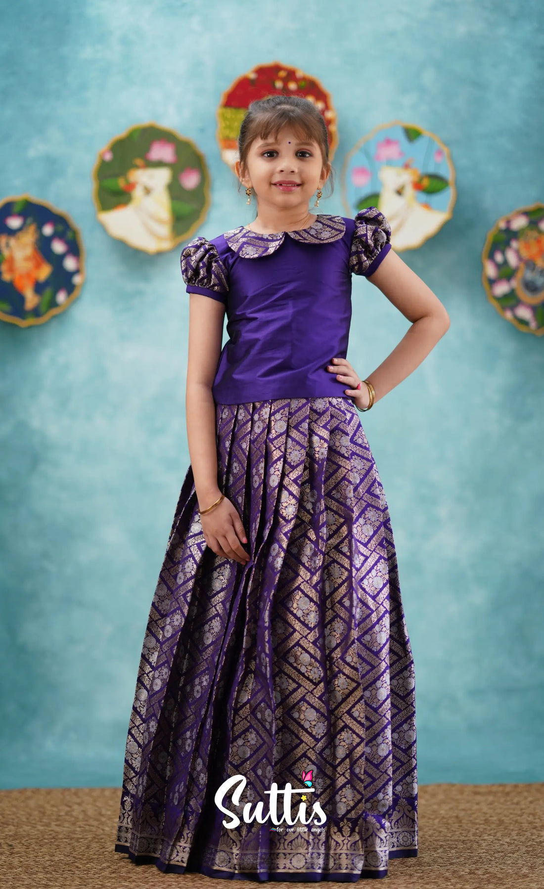 Padmakshi - Royal Blue Blended Silk Top And Skirt Kids-Suttis