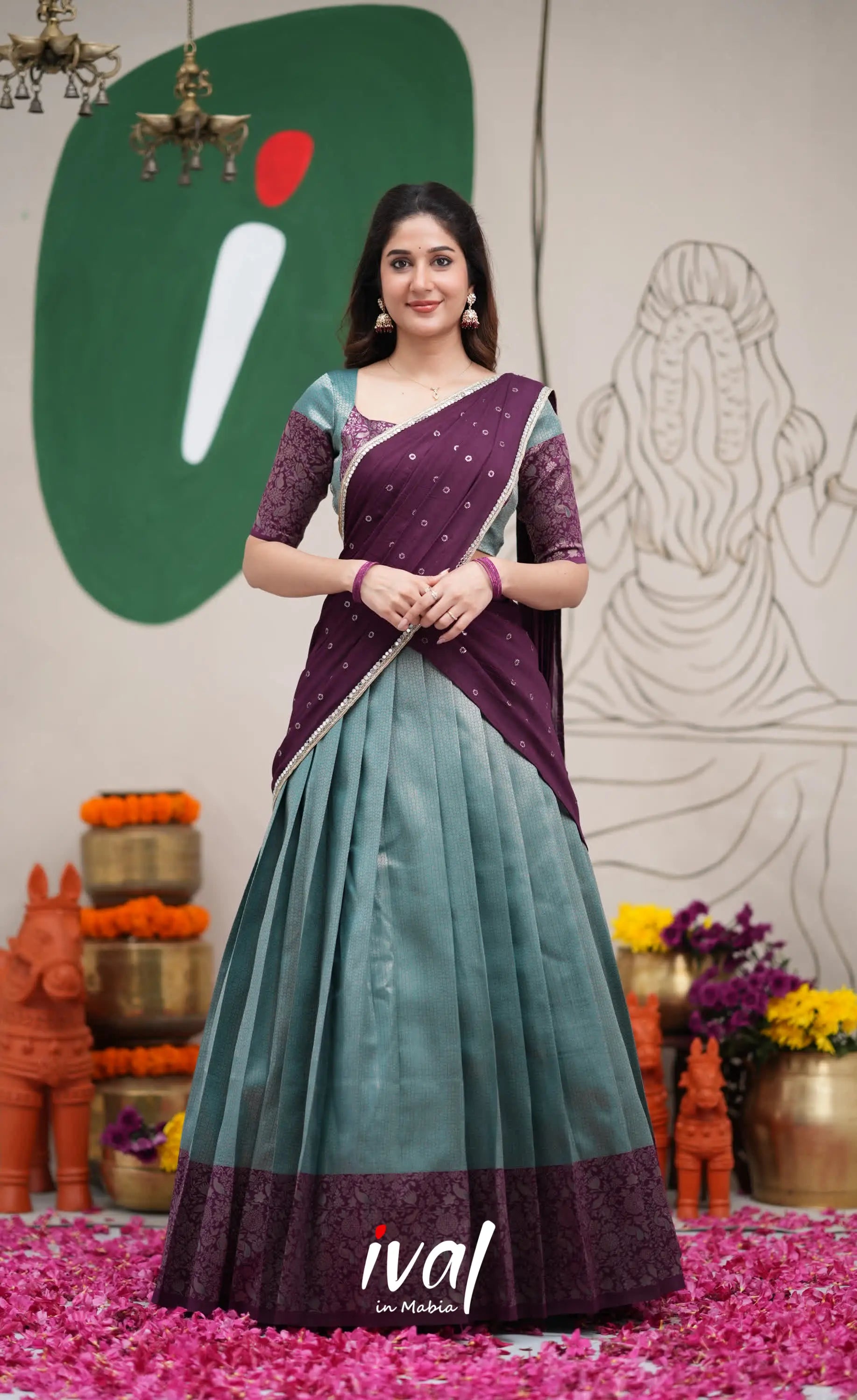 Padmakshi Teal Blue and Dark Purplish Wine Blended Silk Halfsaree Half Sarees