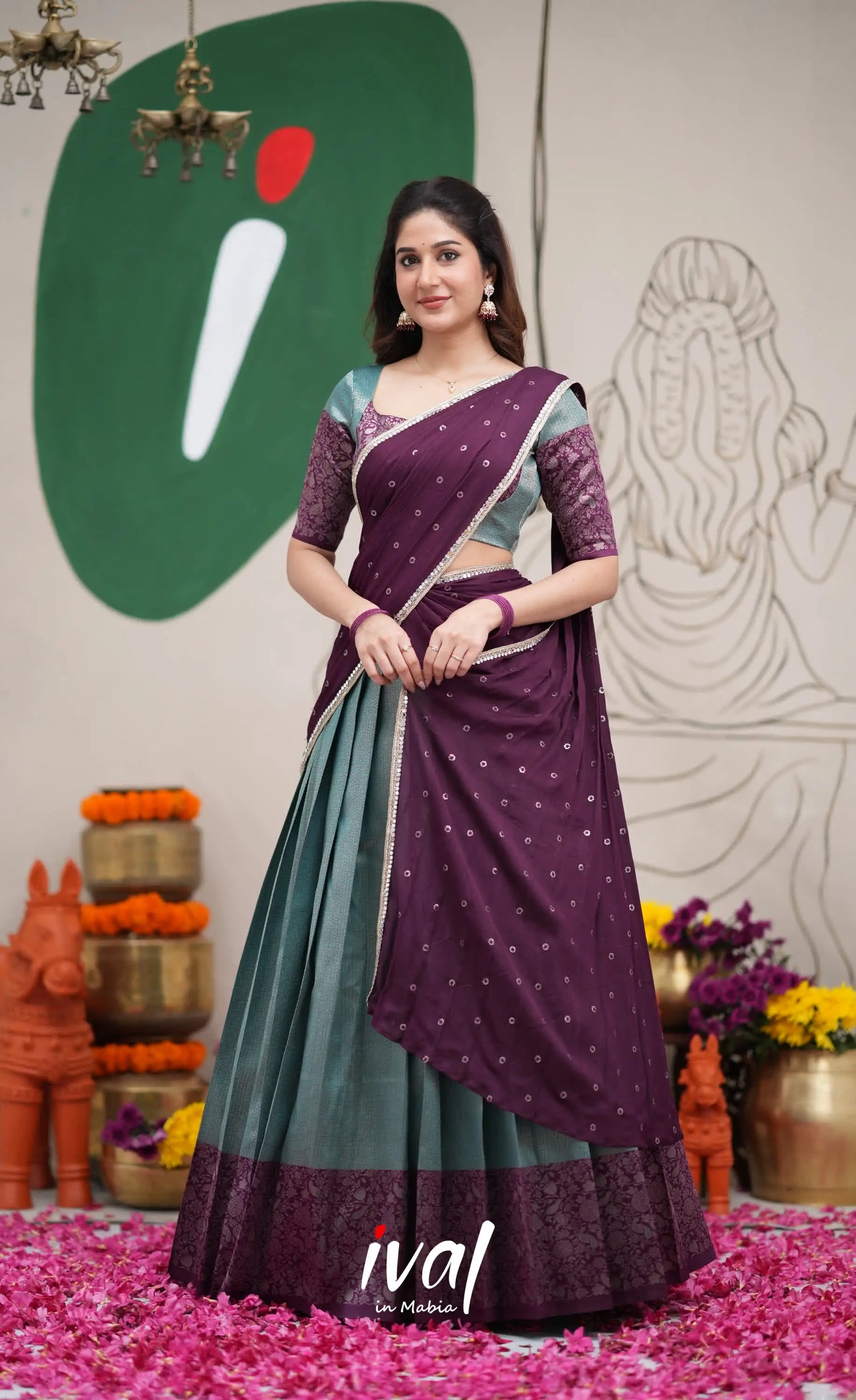 Padmakshi Teal Blue and Dark Purplish Wine Blended Silk Halfsaree Half Sarees
