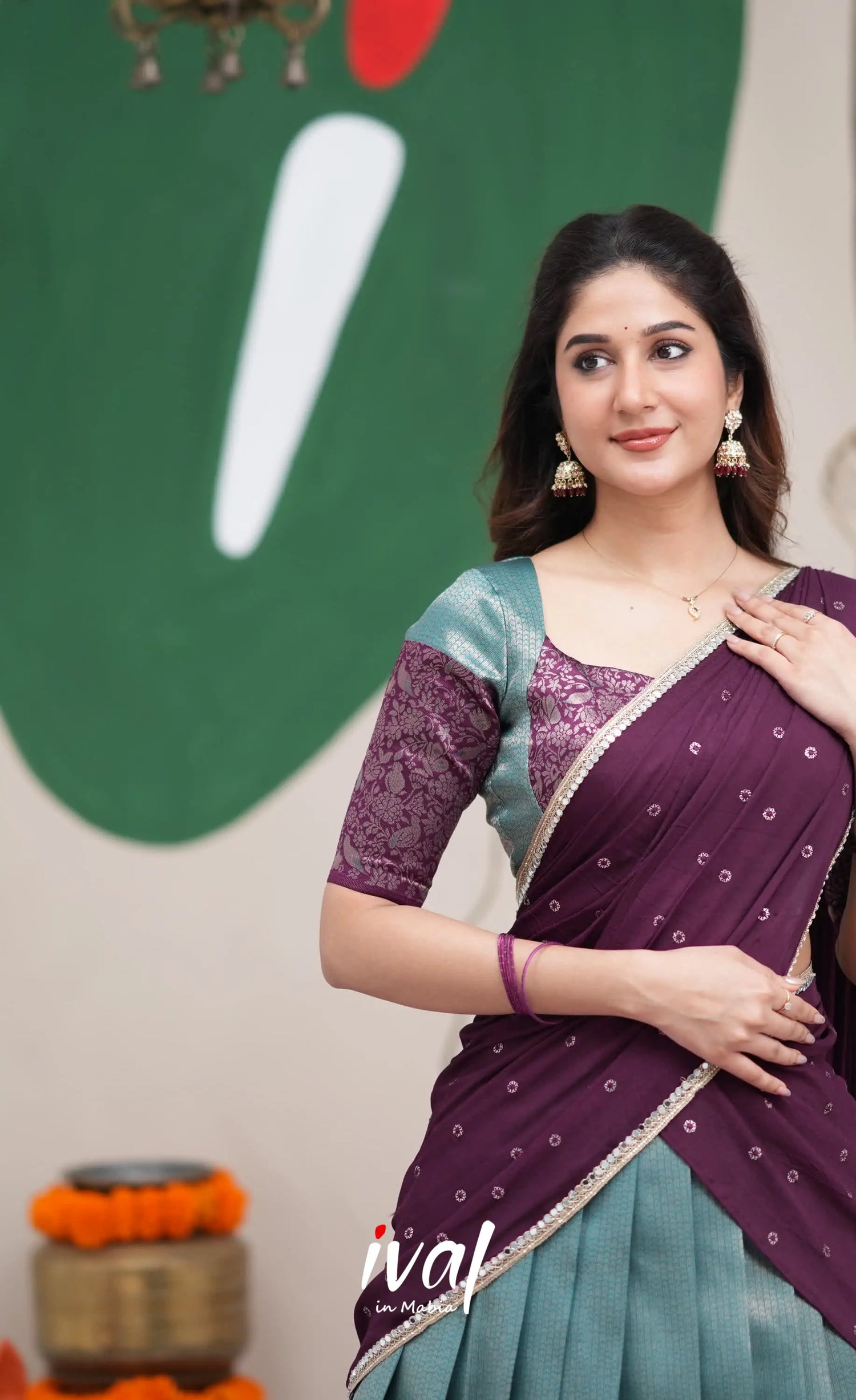 Padmakshi Teal Blue and Dark Purplish Wine Blended Silk Halfsaree Half Sarees