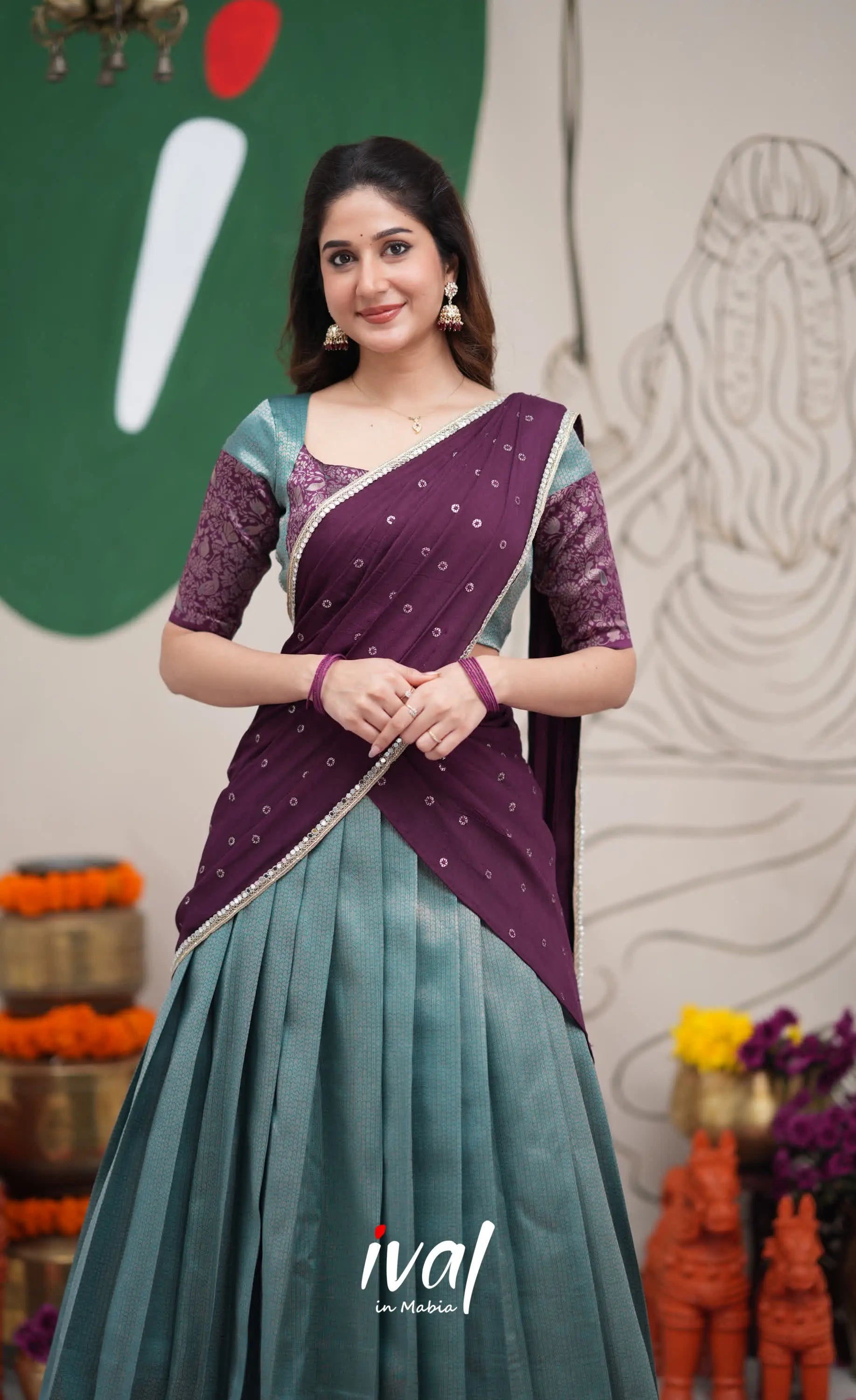 Padmakshi Teal Blue and Dark Purplish Wine Blended Silk Halfsaree Half Sarees