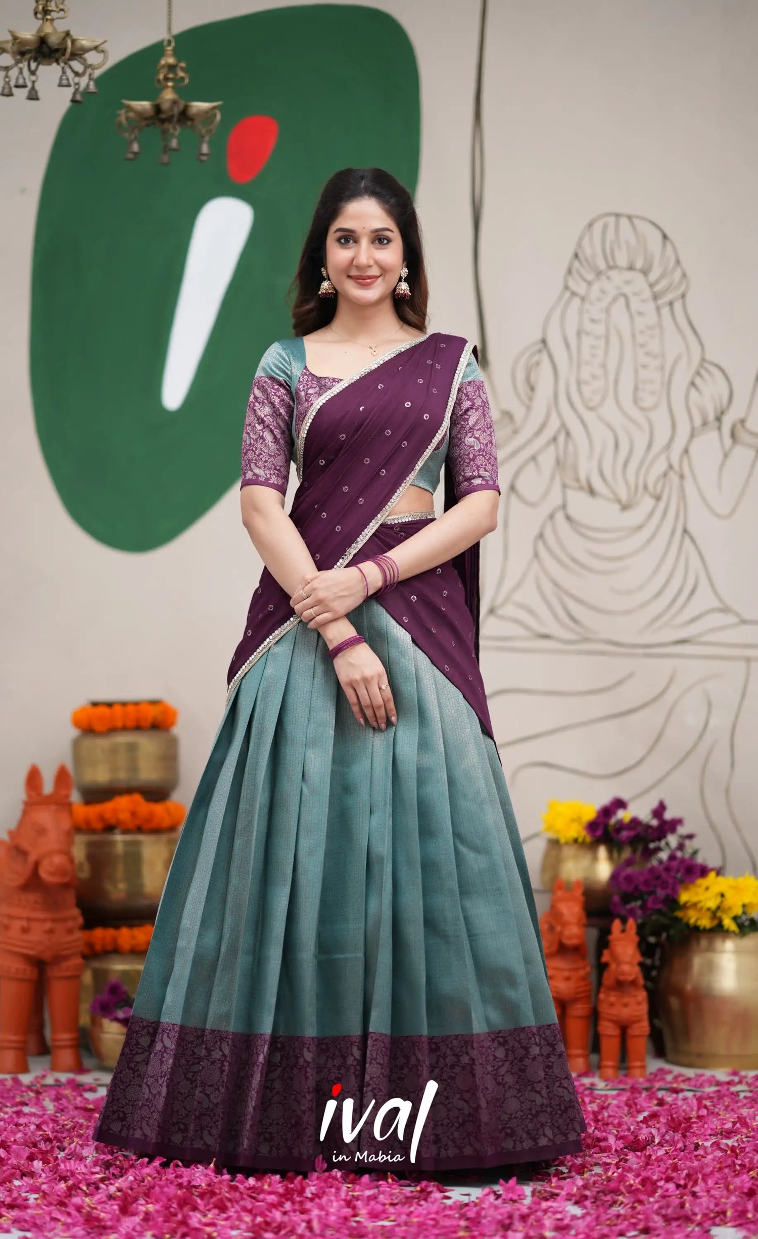 Padmakshi Teal Blue and Dark Purplish Wine Blended Silk Halfsaree Half Sarees