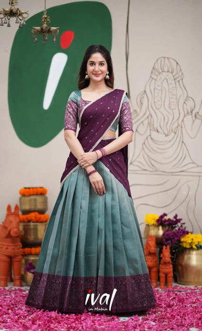 Padmakshi Teal Blue and Dark Purplish Wine Blended Silk Halfsaree Half Sarees