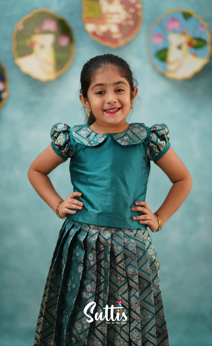 Padmakshi - Teal Blue Blended Silk Top And Skirt Kids-Suttis