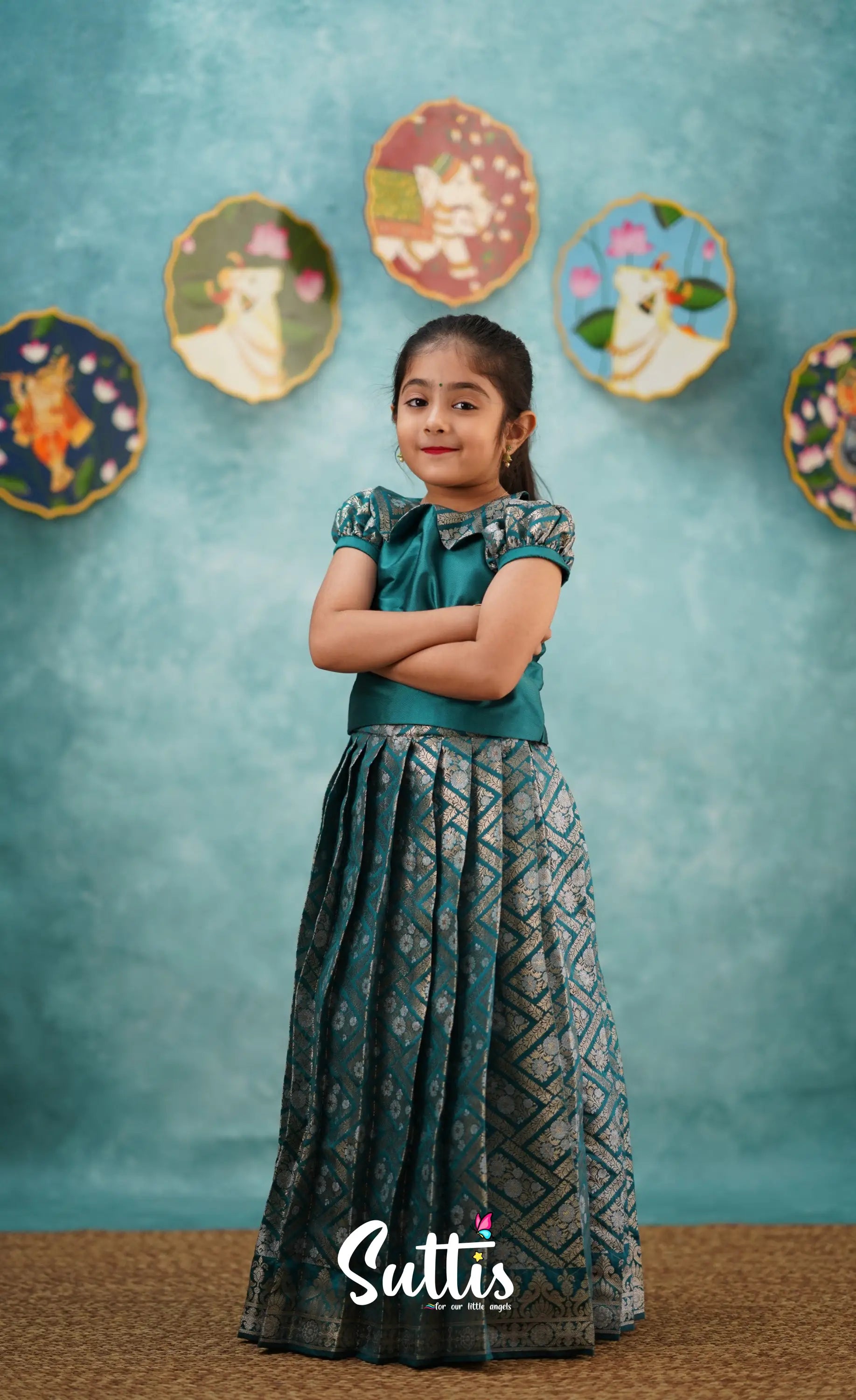 Padmakshi - Teal Blue Blended Silk Top And Skirt Kids-Suttis