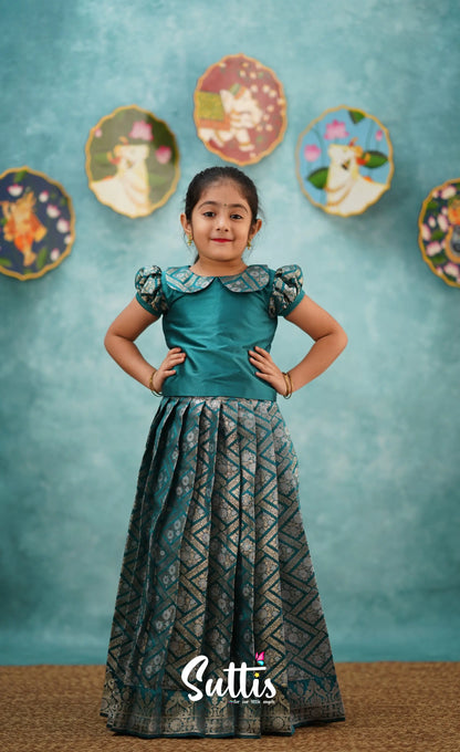 Padmakshi - Teal Blue Blended Silk Top And Skirt Kids-Suttis